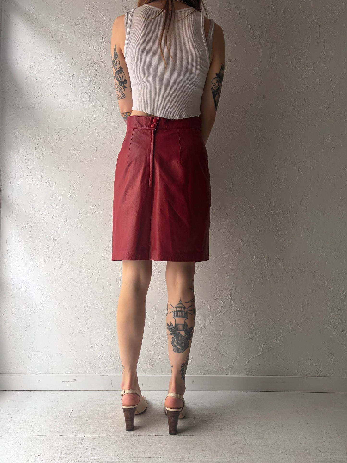 90s 'Danier' Red Leather Retro Pencil Mini Skirt / Medium