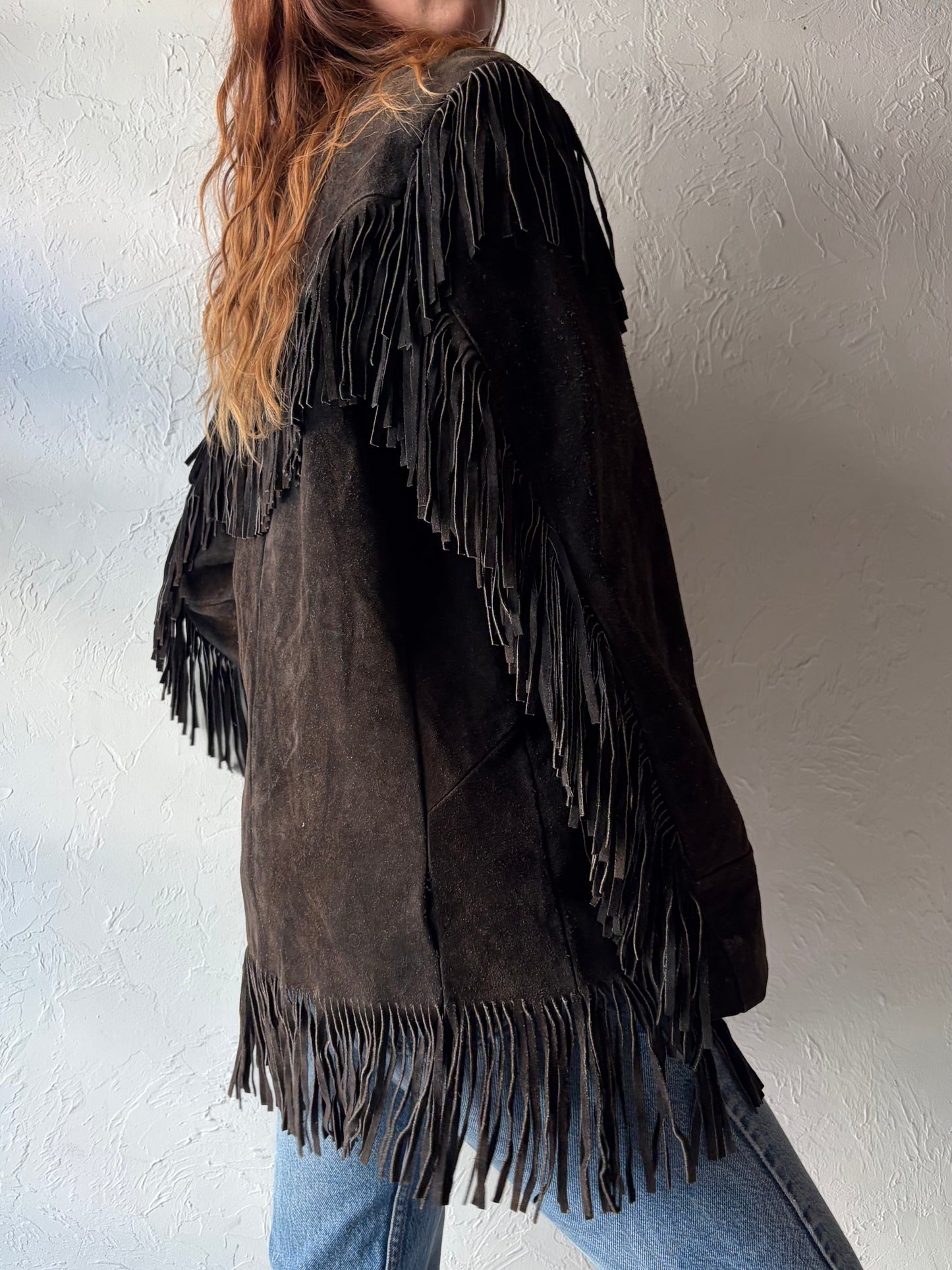 70s 'Excelled' Black Suede Fringe Jacket / Medium