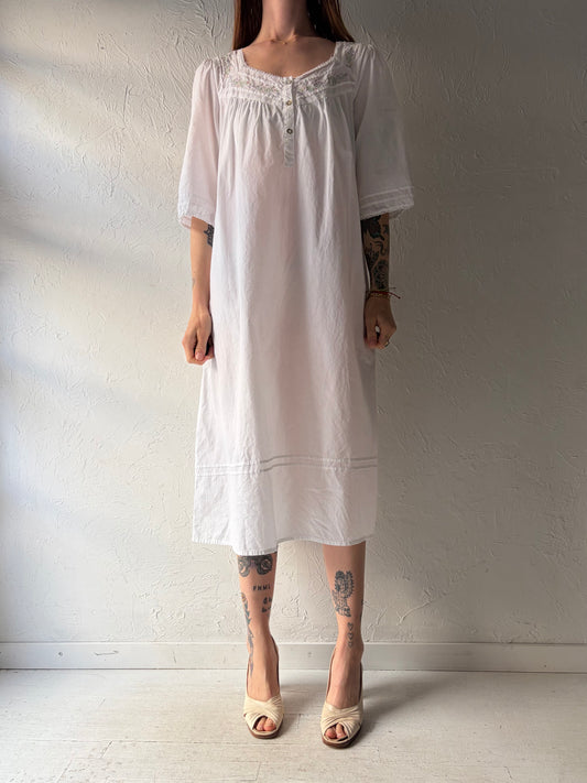 Vintage 'Victoriana' White Cotton Midi Dress / Small