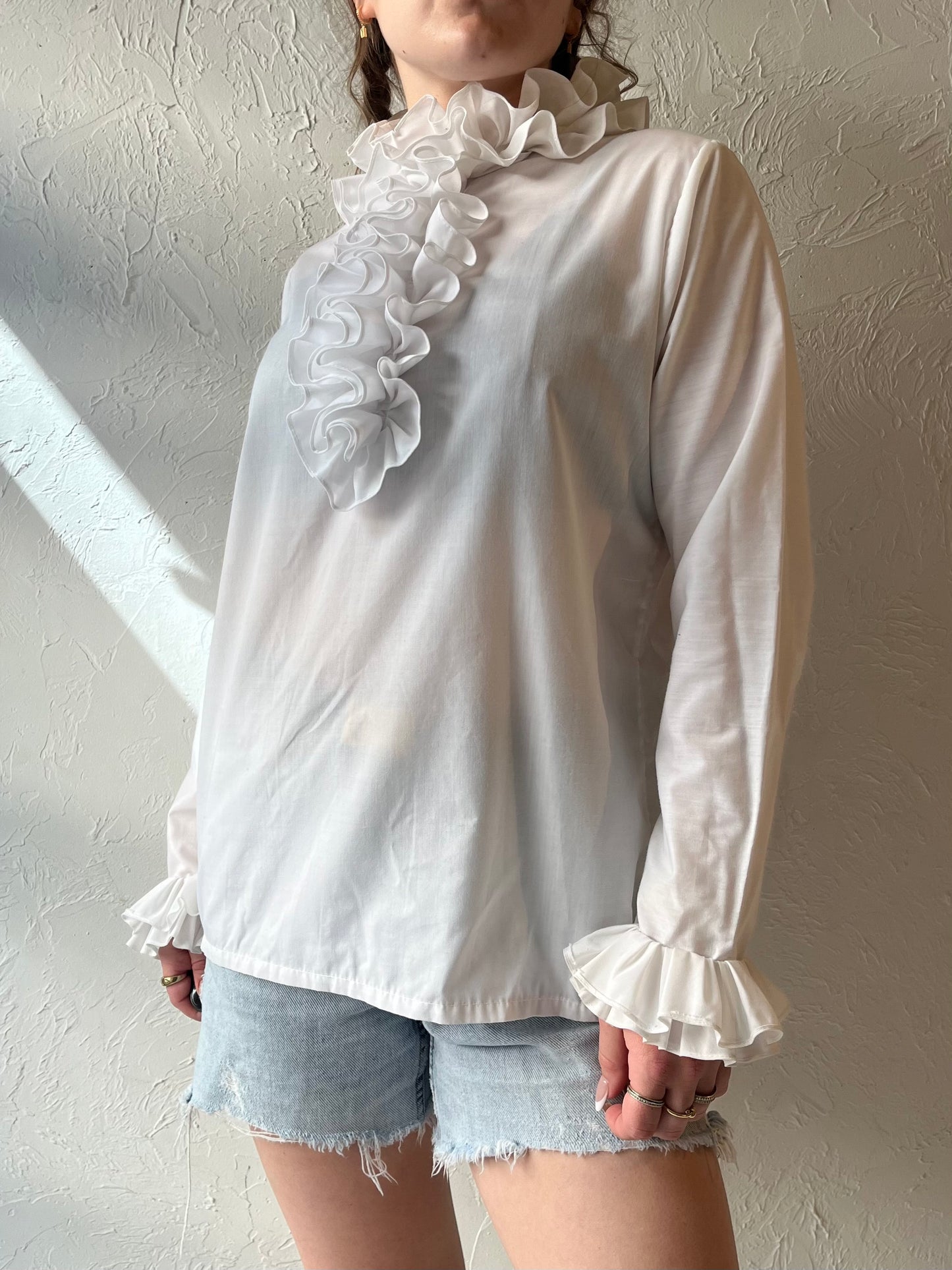 70s 'Ben Rose' White Ruffle Blouse / Union Made / Small