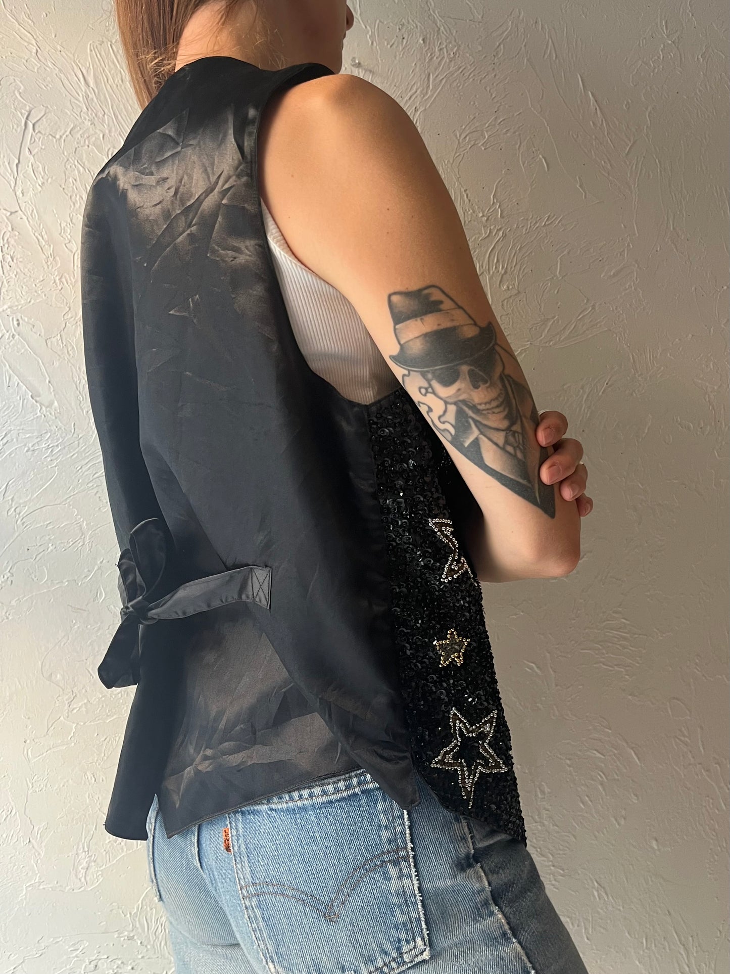 90s 'Papillon' Black Sequin Star Vest / Medium