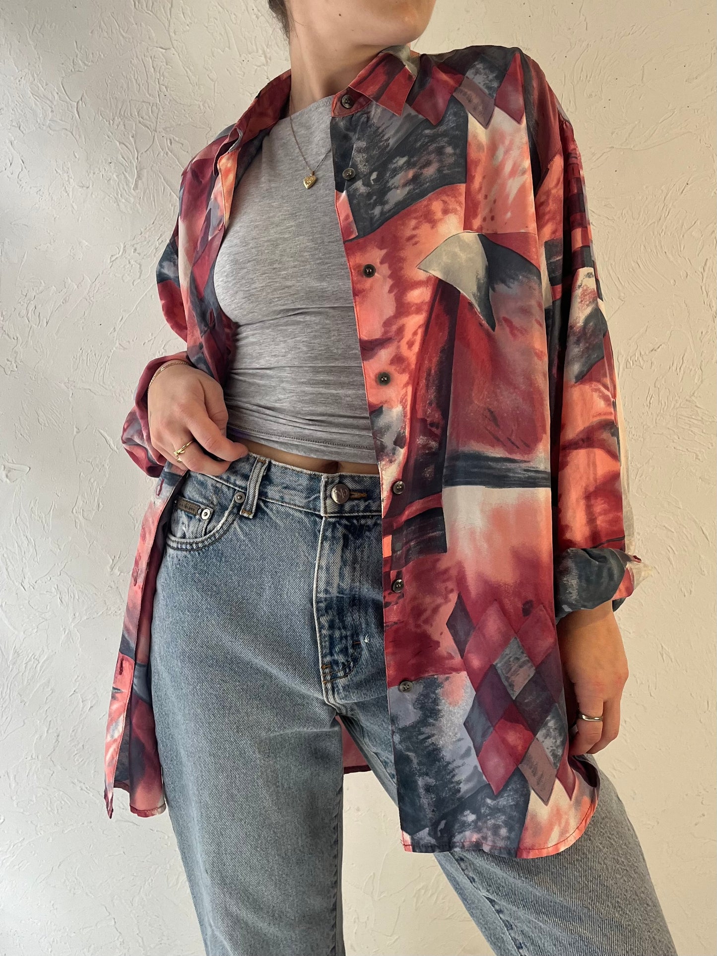 90s ‘Emblem’ Silk Button Up Blouse / Medium