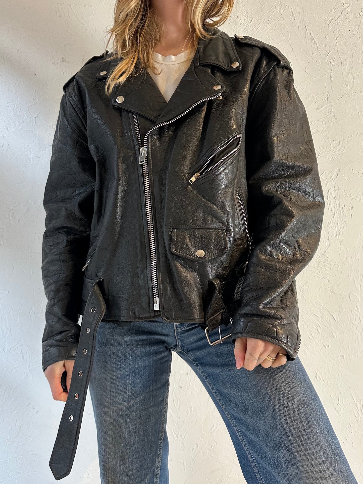 90s ‘First’ Heavy Duty Black Leather Jacket / Large