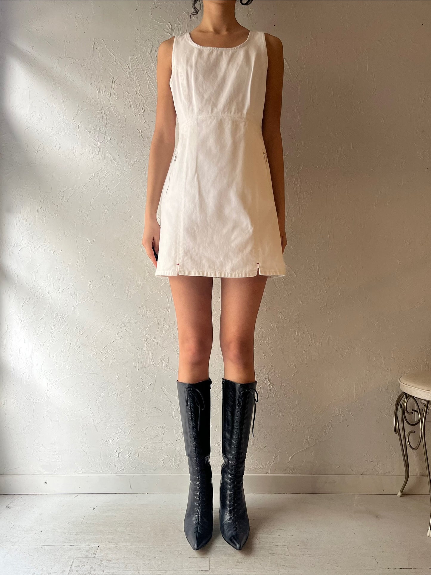 90s 'BWB' White Denim Mini Dress / Small