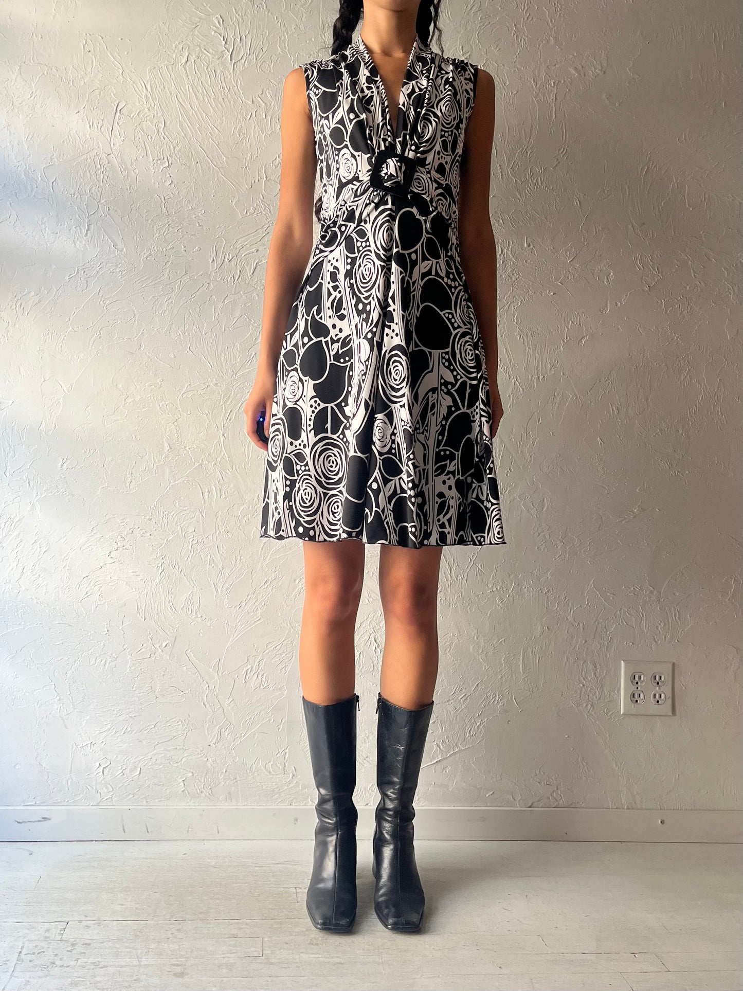 Y2k 'Jessica' Black and White Patterned Midi Dress / Small