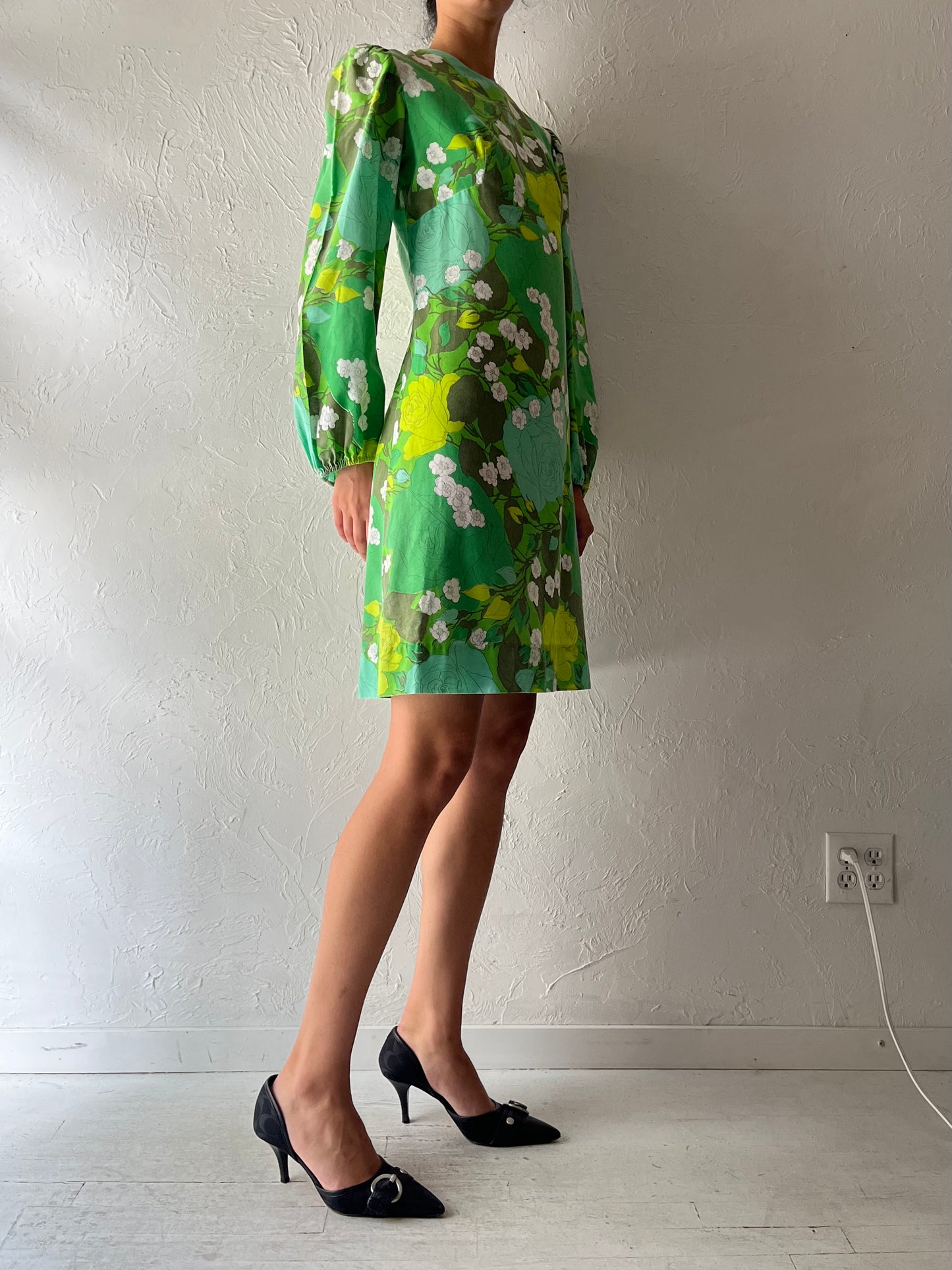 70s Green Floral Long Sleeve Mini Dress / Small