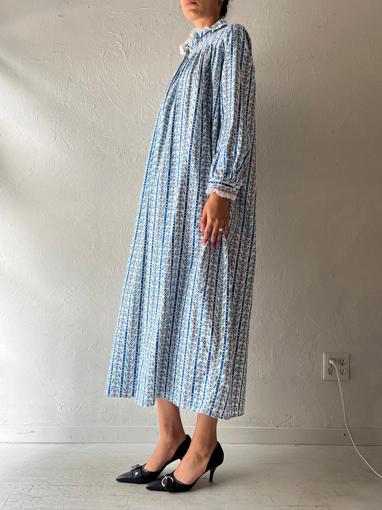 90s 'Saly Lang' Floral Flannel Cottagecore Prairie Maxi Nighty Dress / Vintage 90s Romanic Grannycore Sleep Dress / Medium