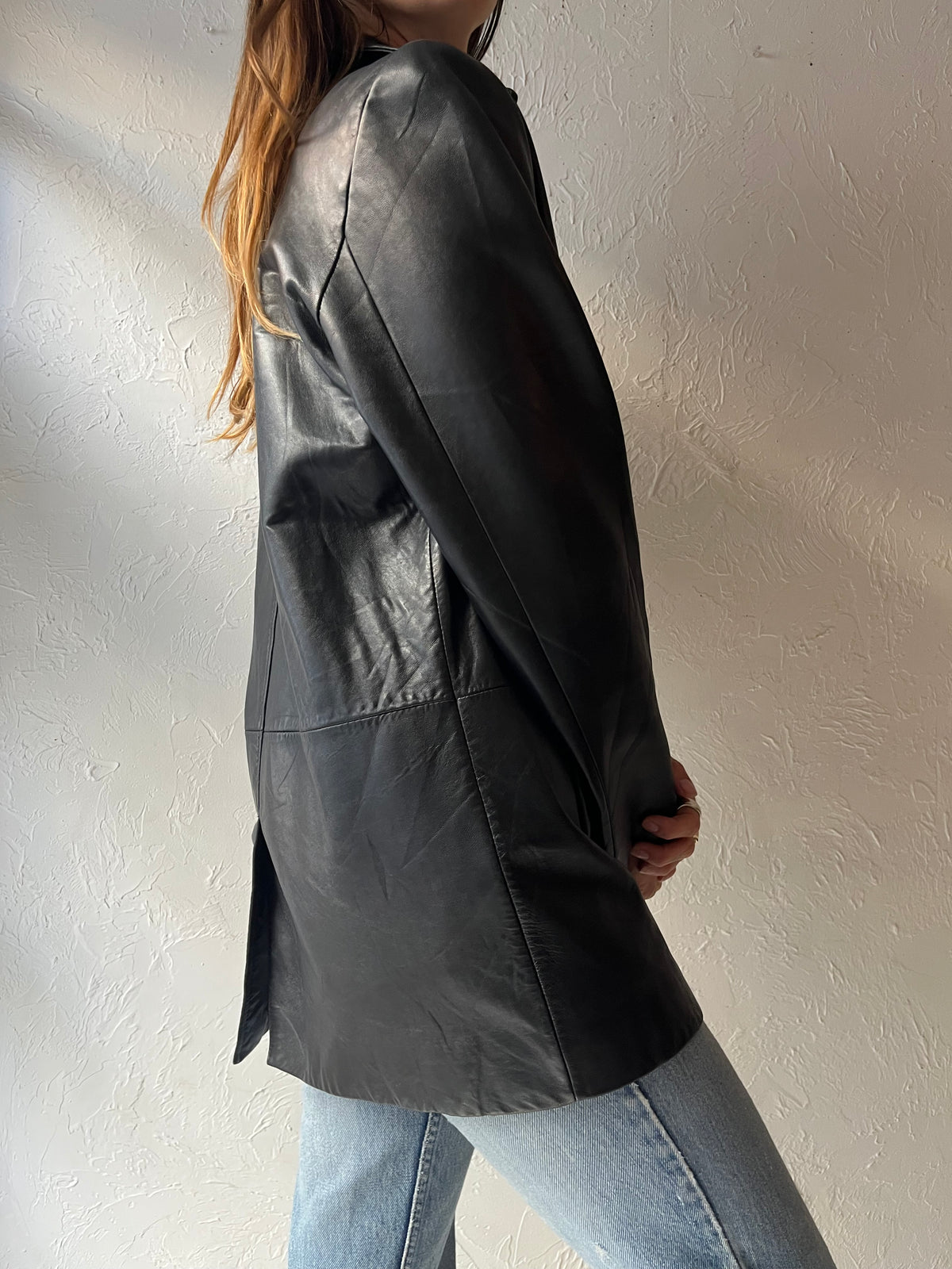 90s ‘Danier’ Black Leather Oversized Car Coat Minimalist Grunge Moto Jacket / Small