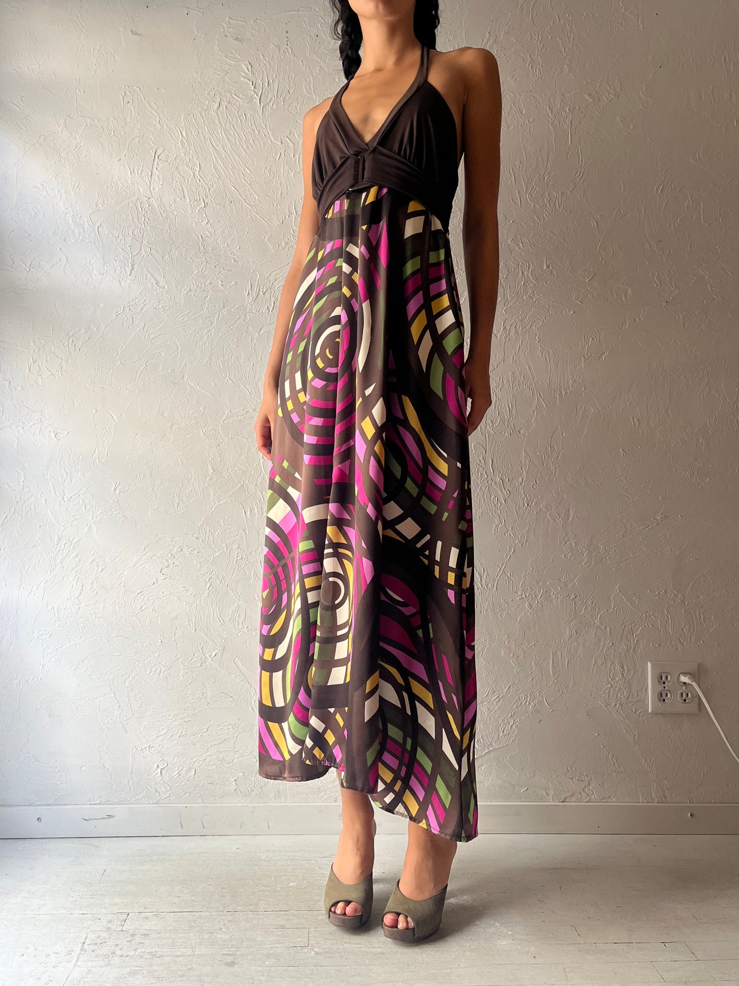 Y2k 'Candies' Silky Patterned Halter Dress / Medium
