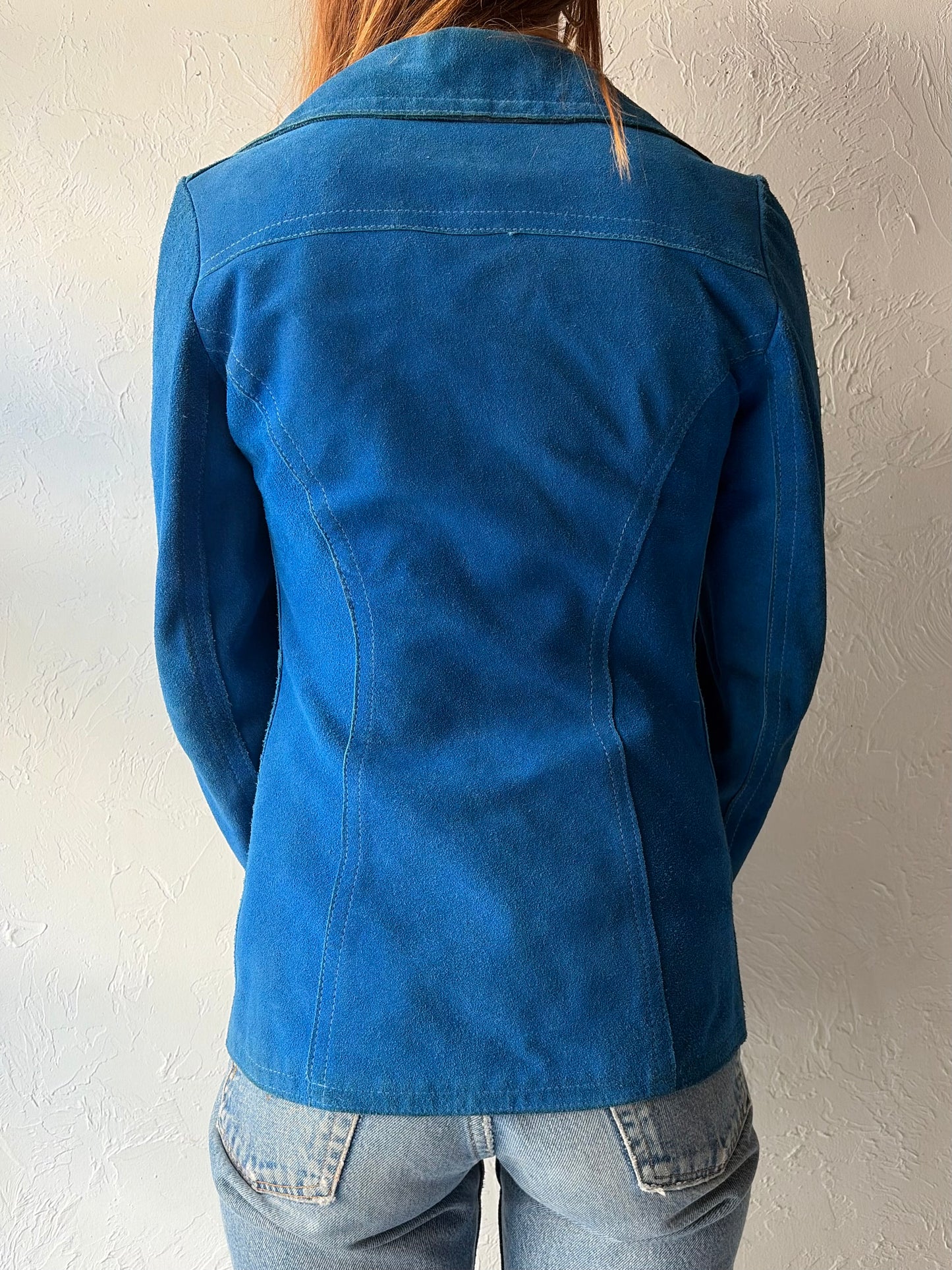 70s Blue Suede Leather Snap up Retro Jacket / XS