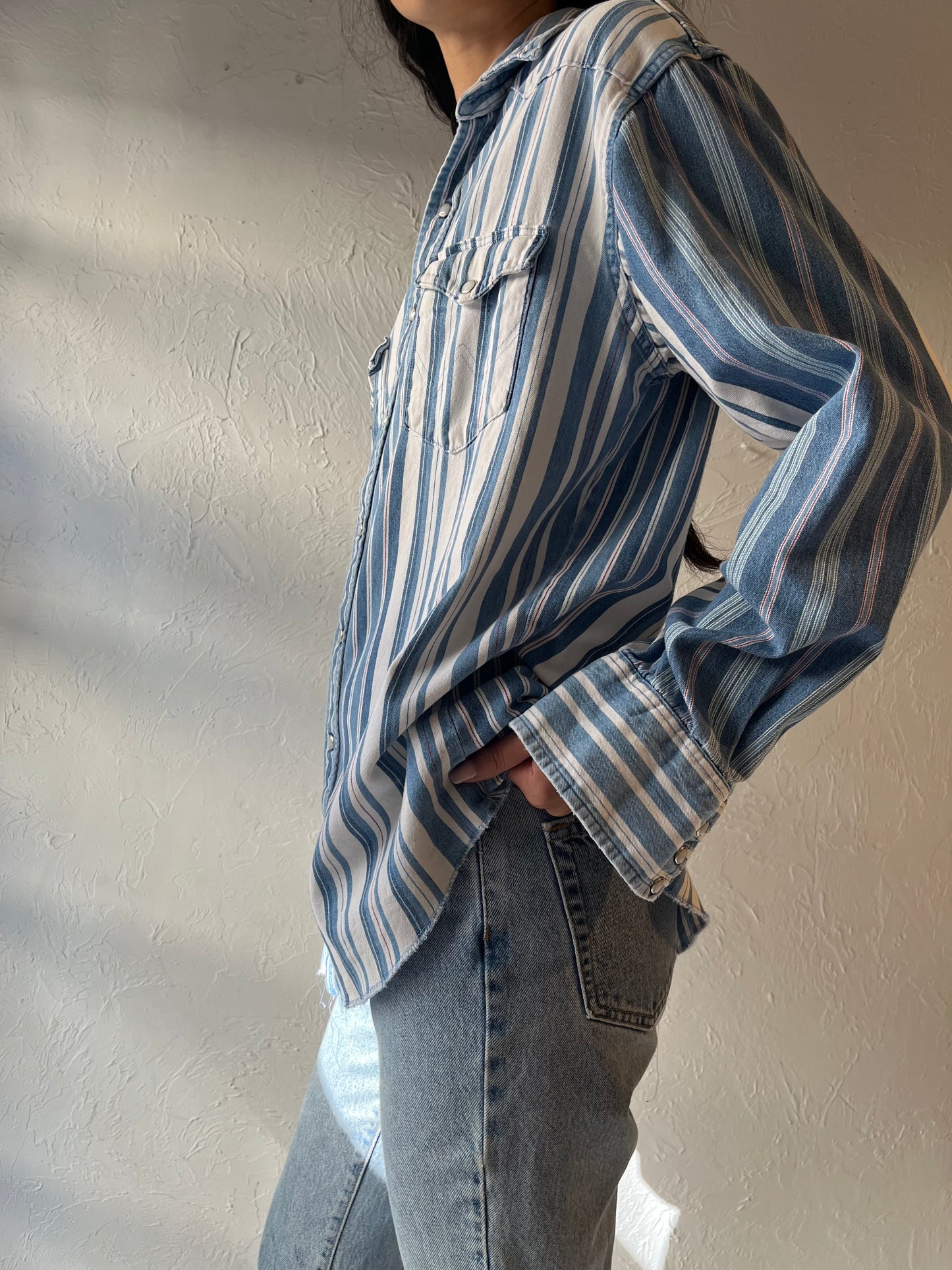 90s 'Wrangler' Blue Striped Snap Up Shirt / Large