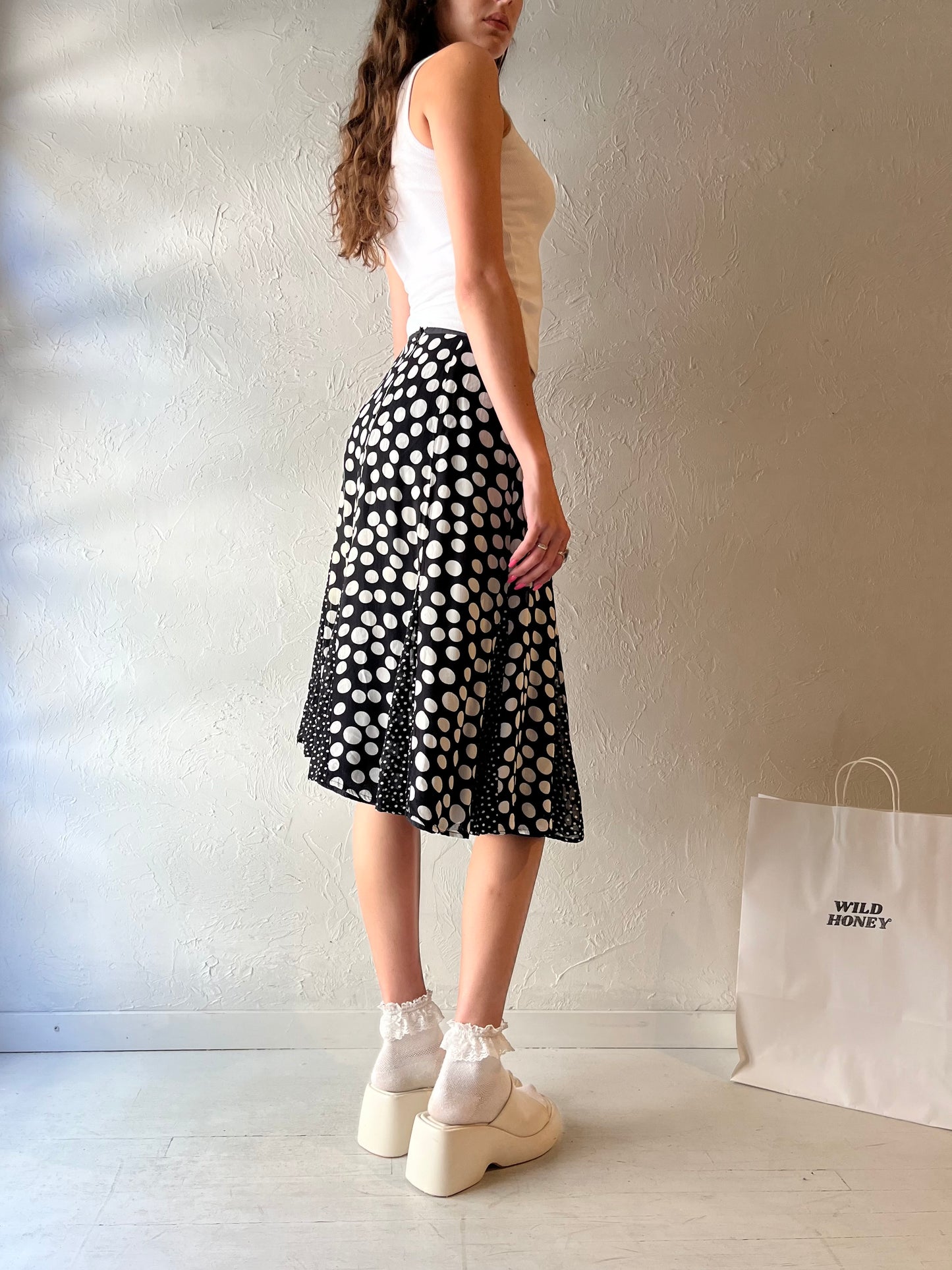 90s 'April Cornell' Polka Dot Midi Skirt / Small