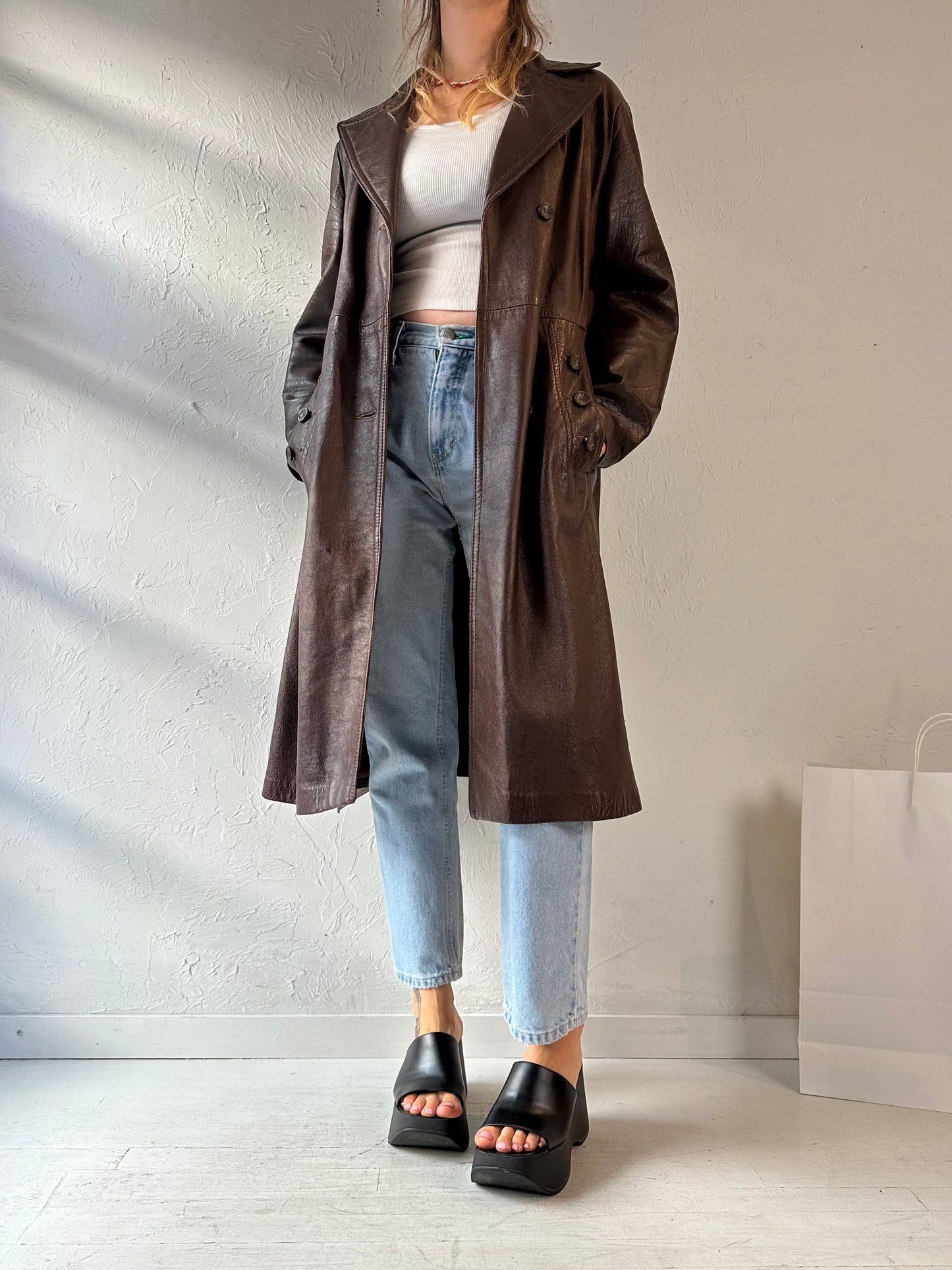 80s 'Norwest' Brown Leather Trench Coat / Medium