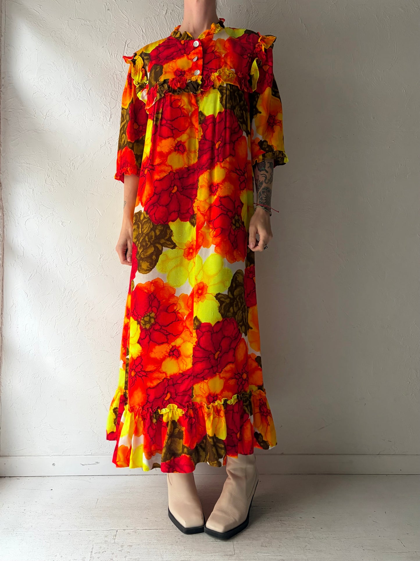70s 'Hilo Hattie' Neon Floral Print MuuMuu Maxi Dress / Large