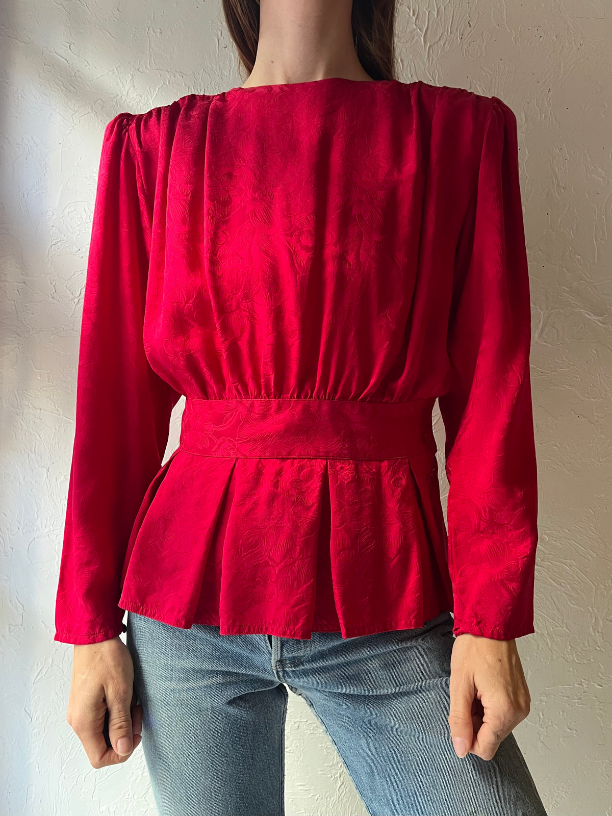 90s 'Argenti' Red Silk Peplum Blouse / Small