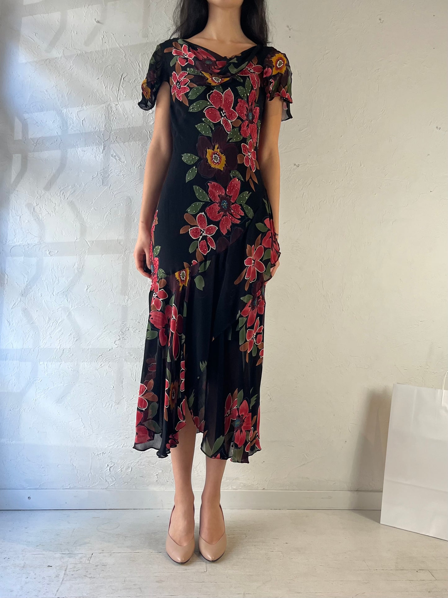 90s ‘Bellessa’ Floral Beaded Dress / Medium