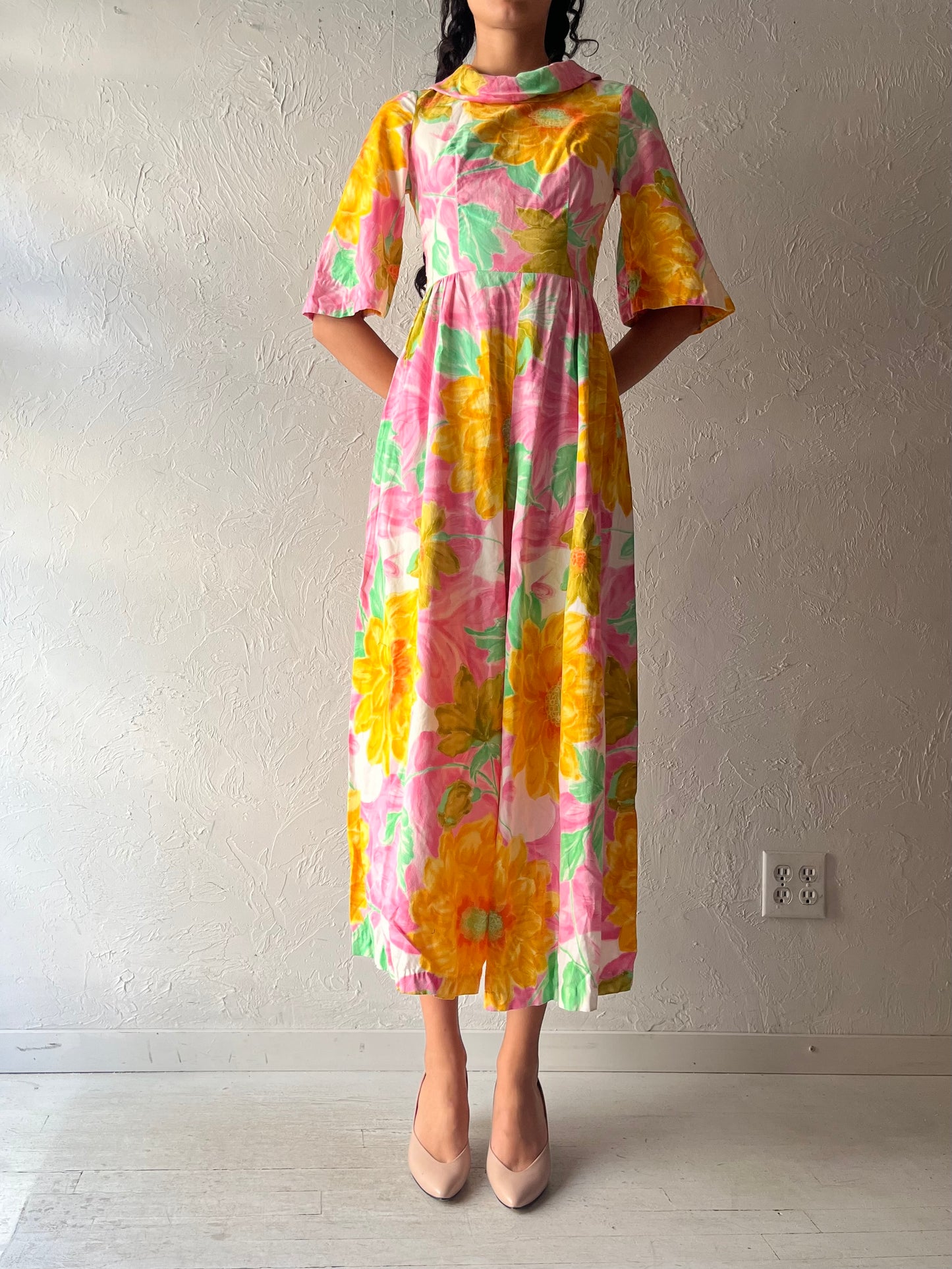 70s Patterned High Neck Wide Leg Retro Jumpsuit / Small