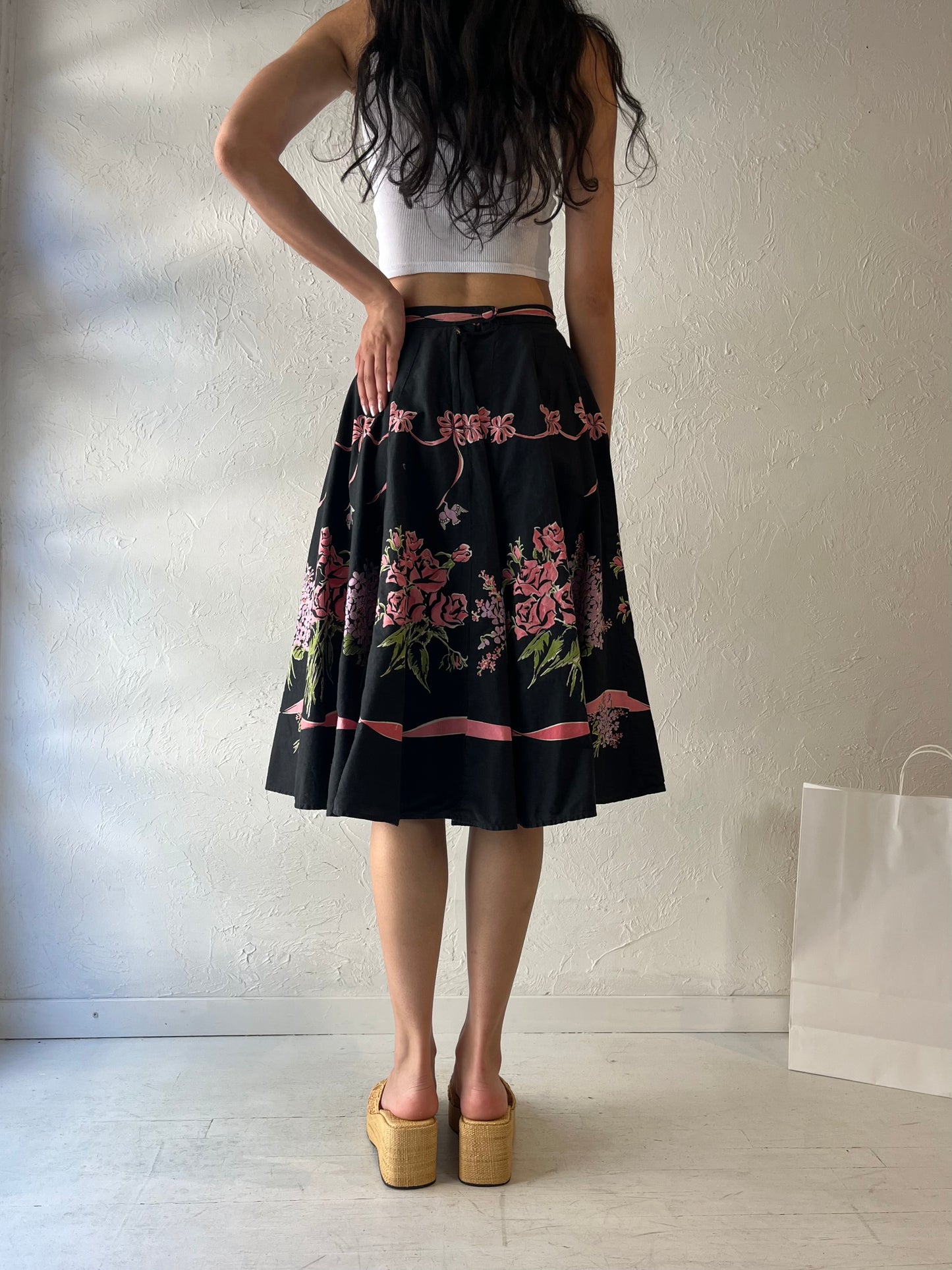 Vintage Handmade Black Bow Midi Skirt / Small