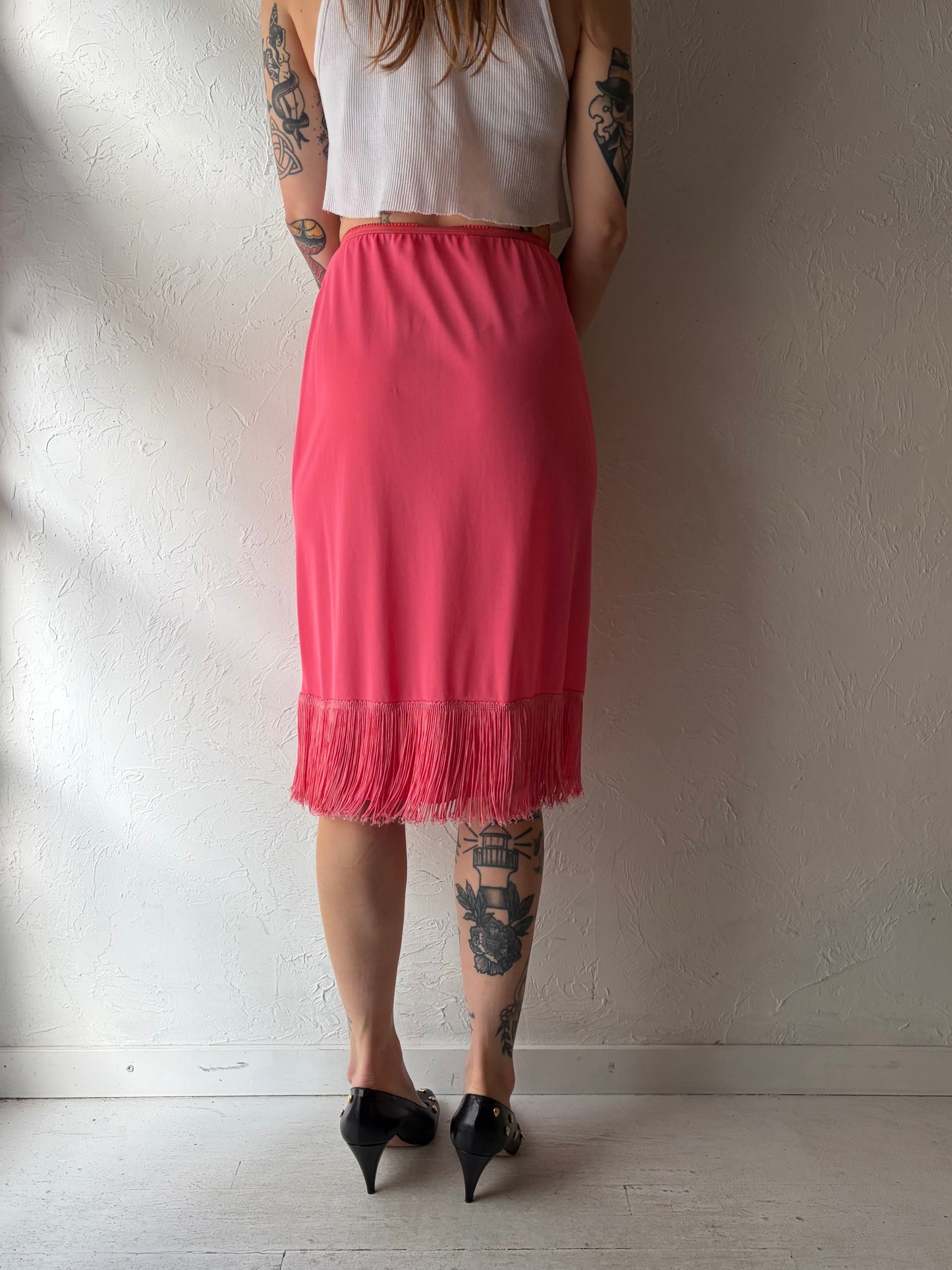 70s Pink Fringe Lingerie Flapper Slip Skirt / Small