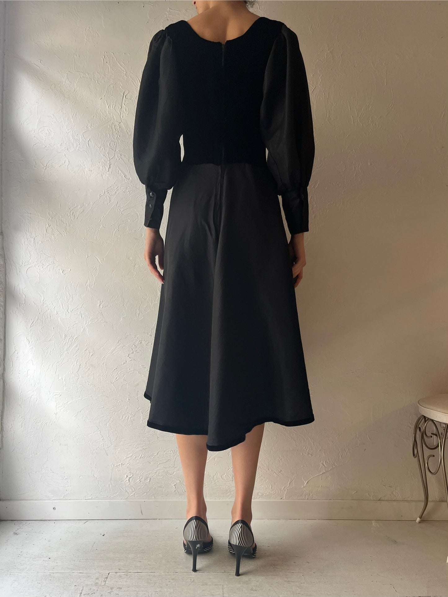 Vintage Handmade Black Puff Sleeve Dress / Medium