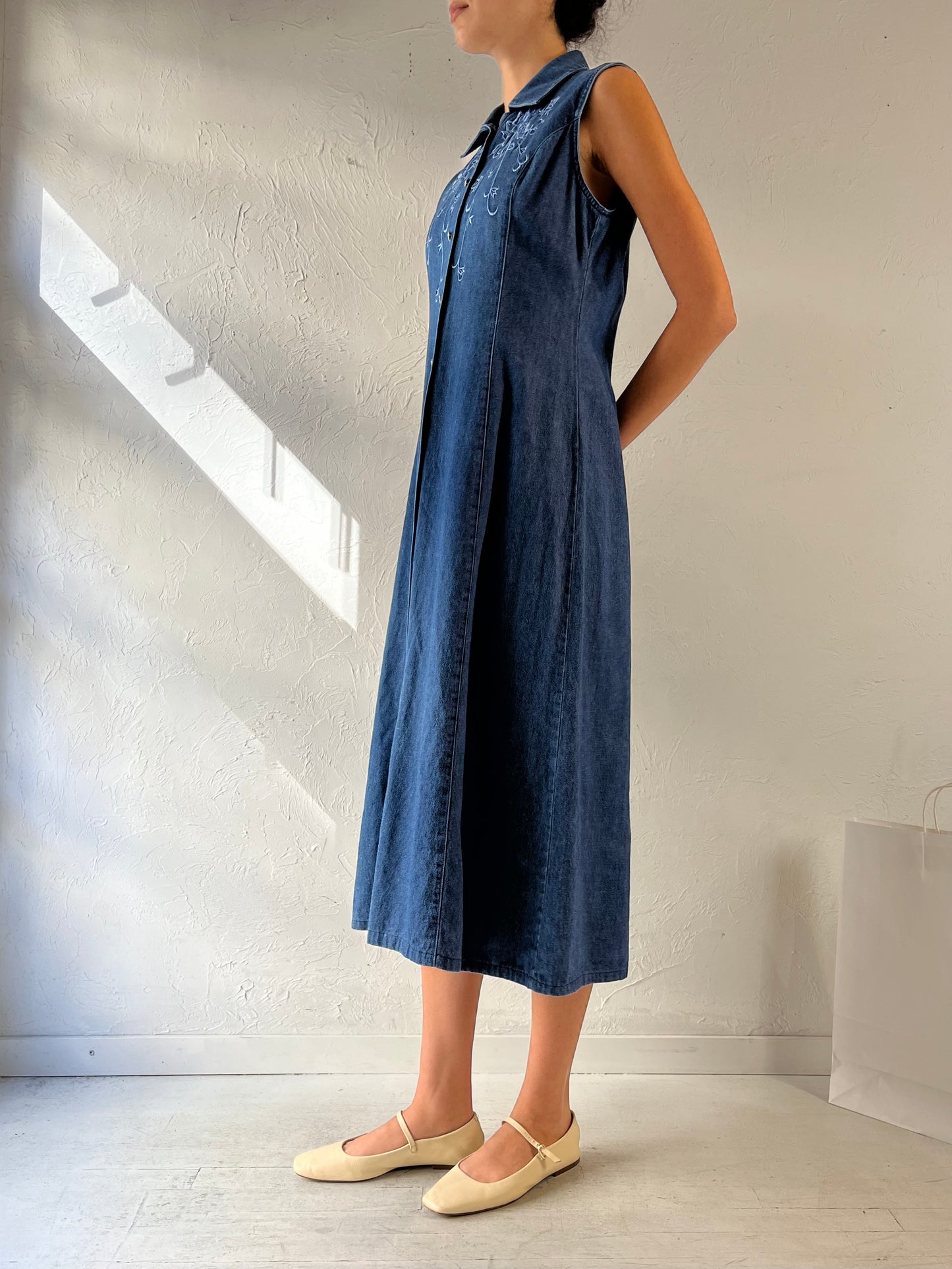 Y2K ‘Jessica’ Embroidered Collared Denim Maxi Dress / Medium