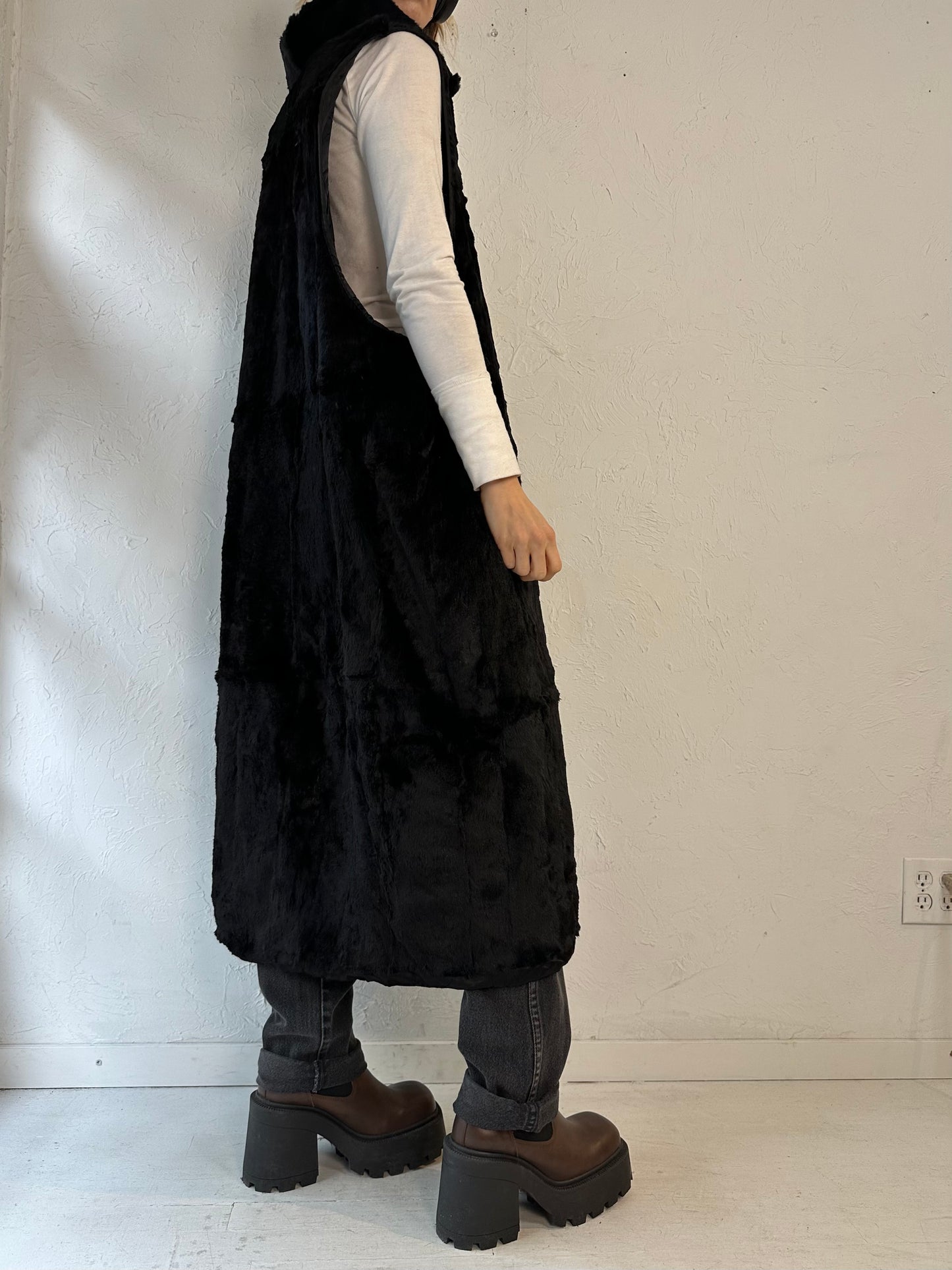 Vintage Black Fur Liner Vest / Large
