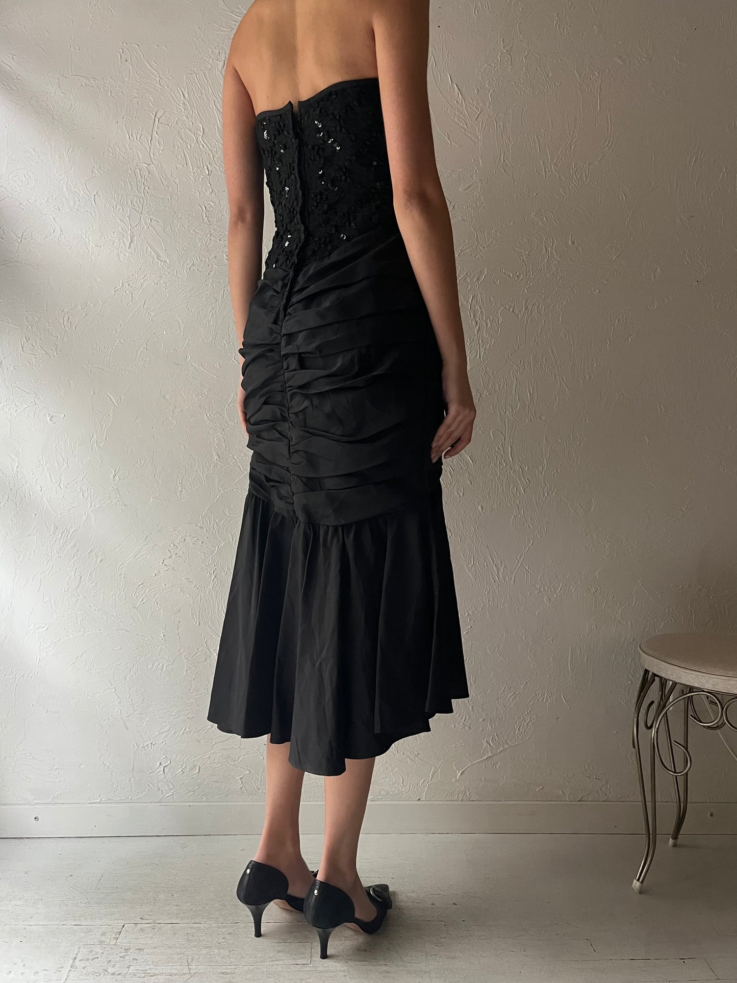 80s 'Lori Anne' Black Strapless Formal Dress / Medium
