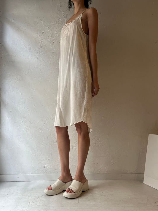 90s ‘La Lingerie’ White Silk Embossed Floral Print Slip Dress / Small