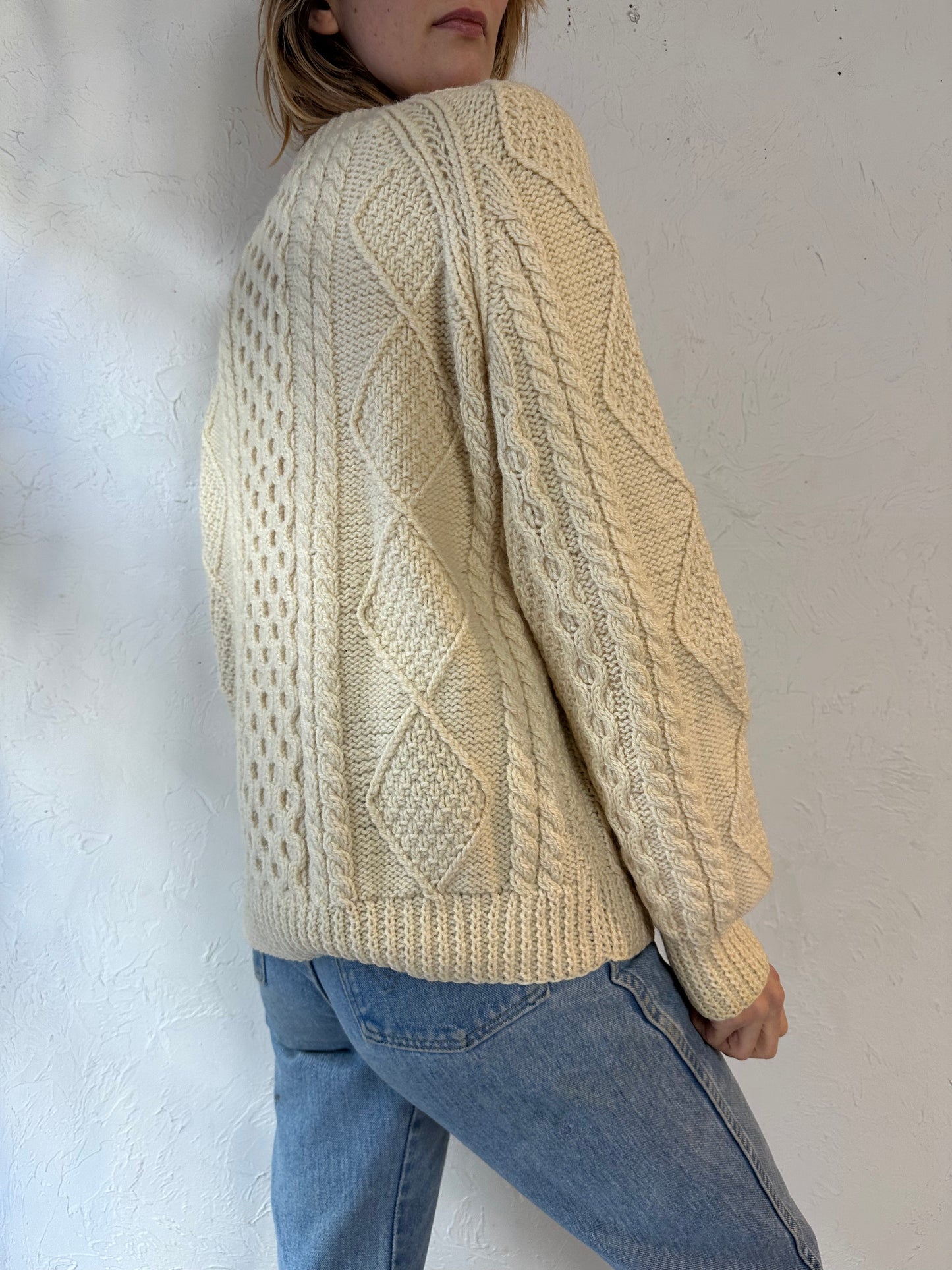 Vintage Hand Knit Cream Cable Knit Fishermans Sweater / Small