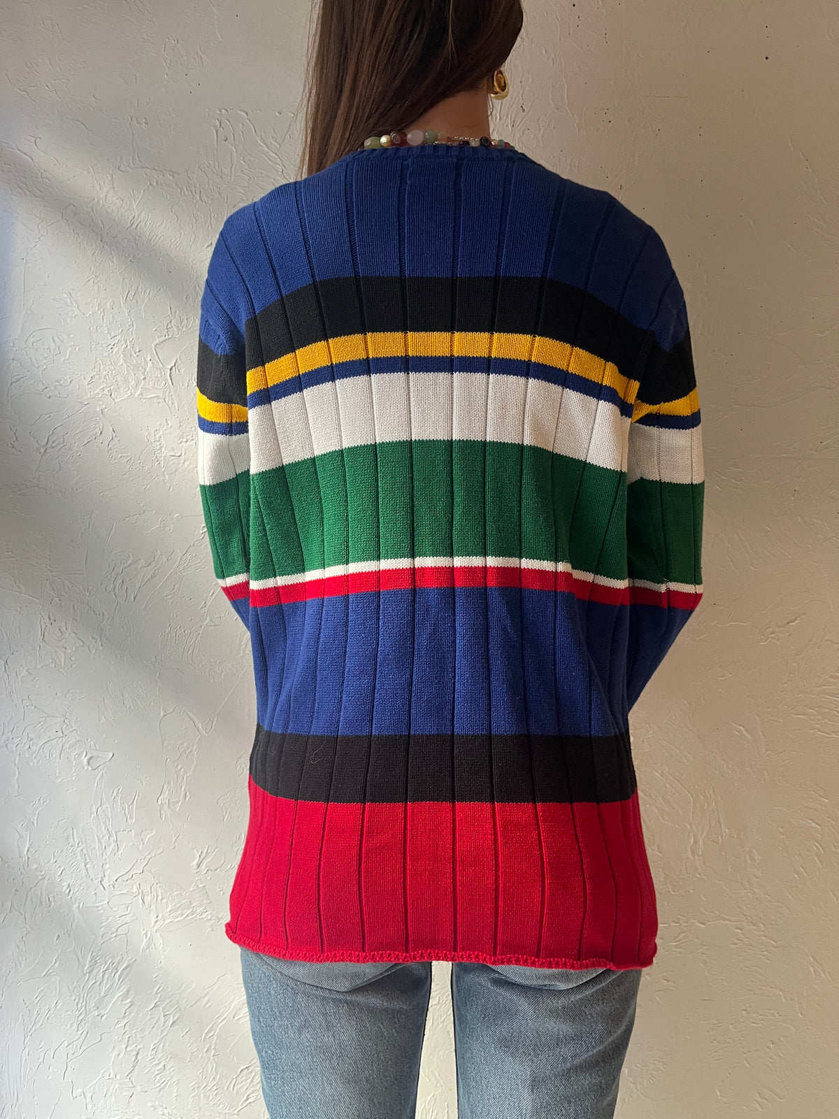 90s ‘Tommy Hilfiger’ Multicolor Striped Cotton V-Neck Preppy Academia Colorblock Knit Pullover Sweater / Medium
