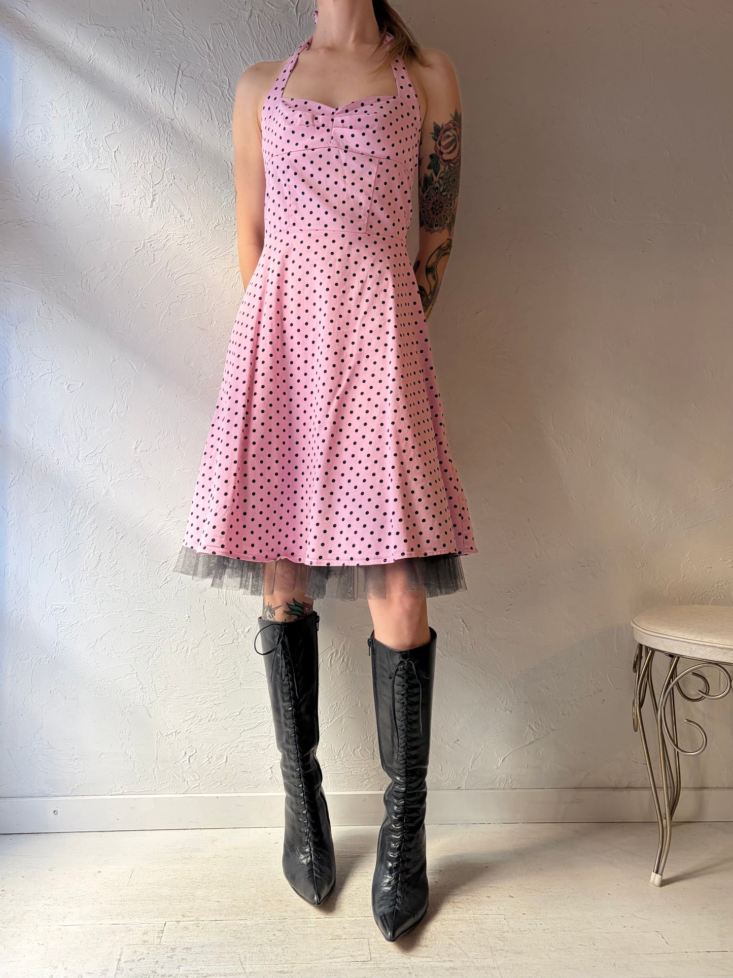 Vintage Pink Polka Dot Pin Up Dress / Small