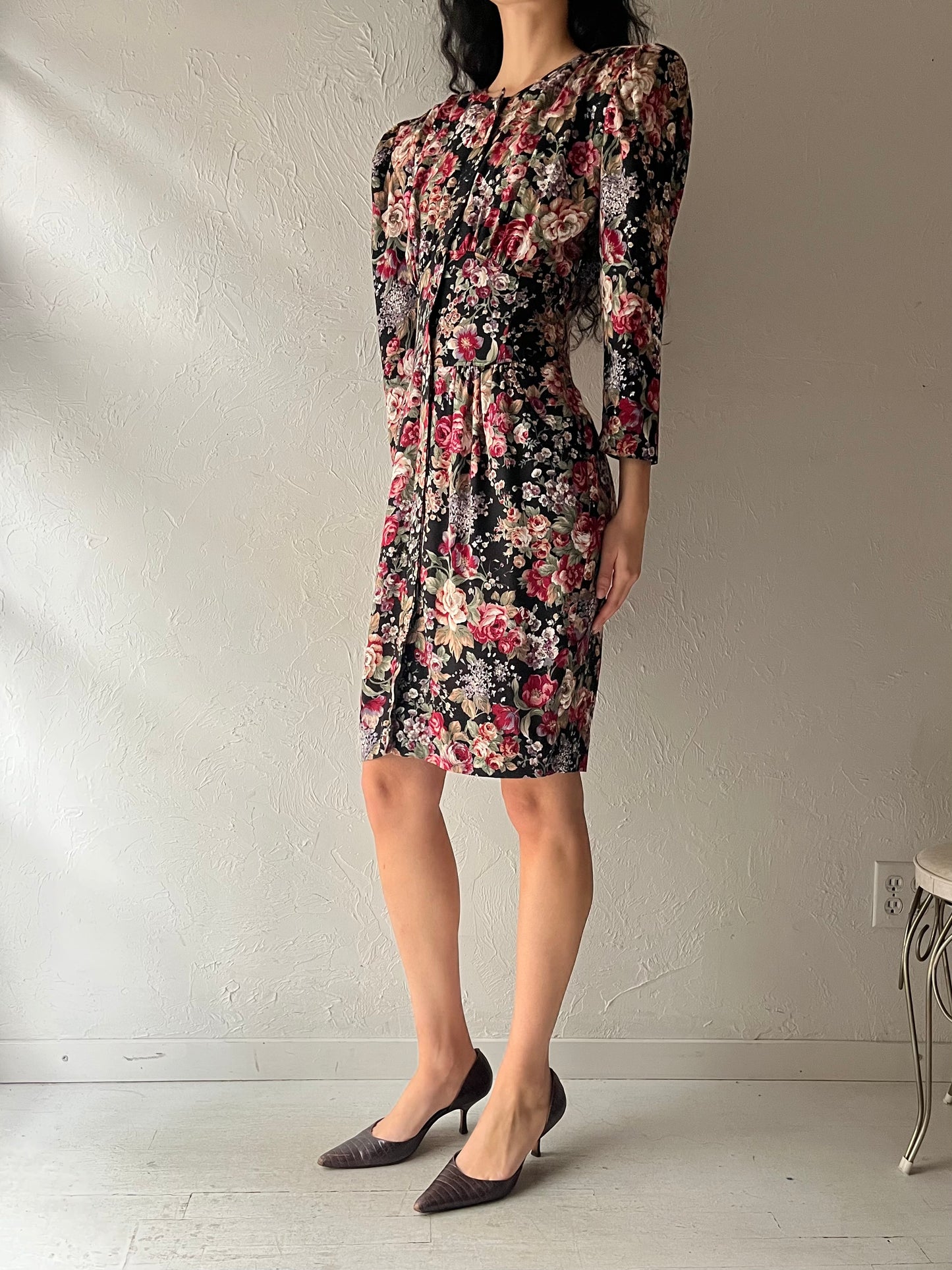 80s 'Evita' Floral Long Sleeve Mini Dress / Medium