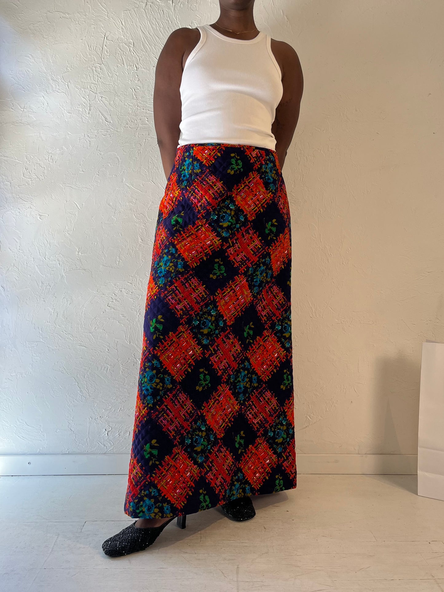 70s Handmade Quilted Maxi Skirt / Medium