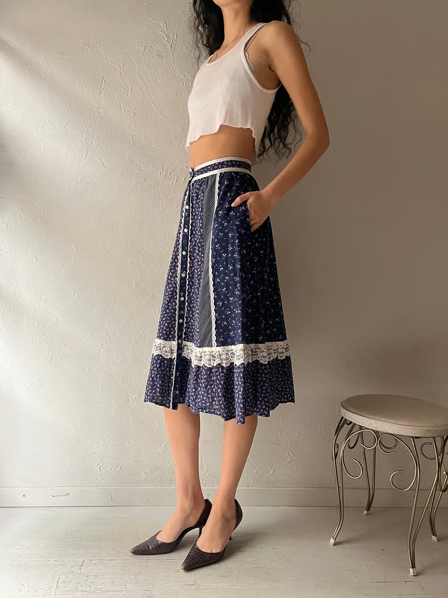 70s 'Gunne Sax' Floral Midi Skirt / Small