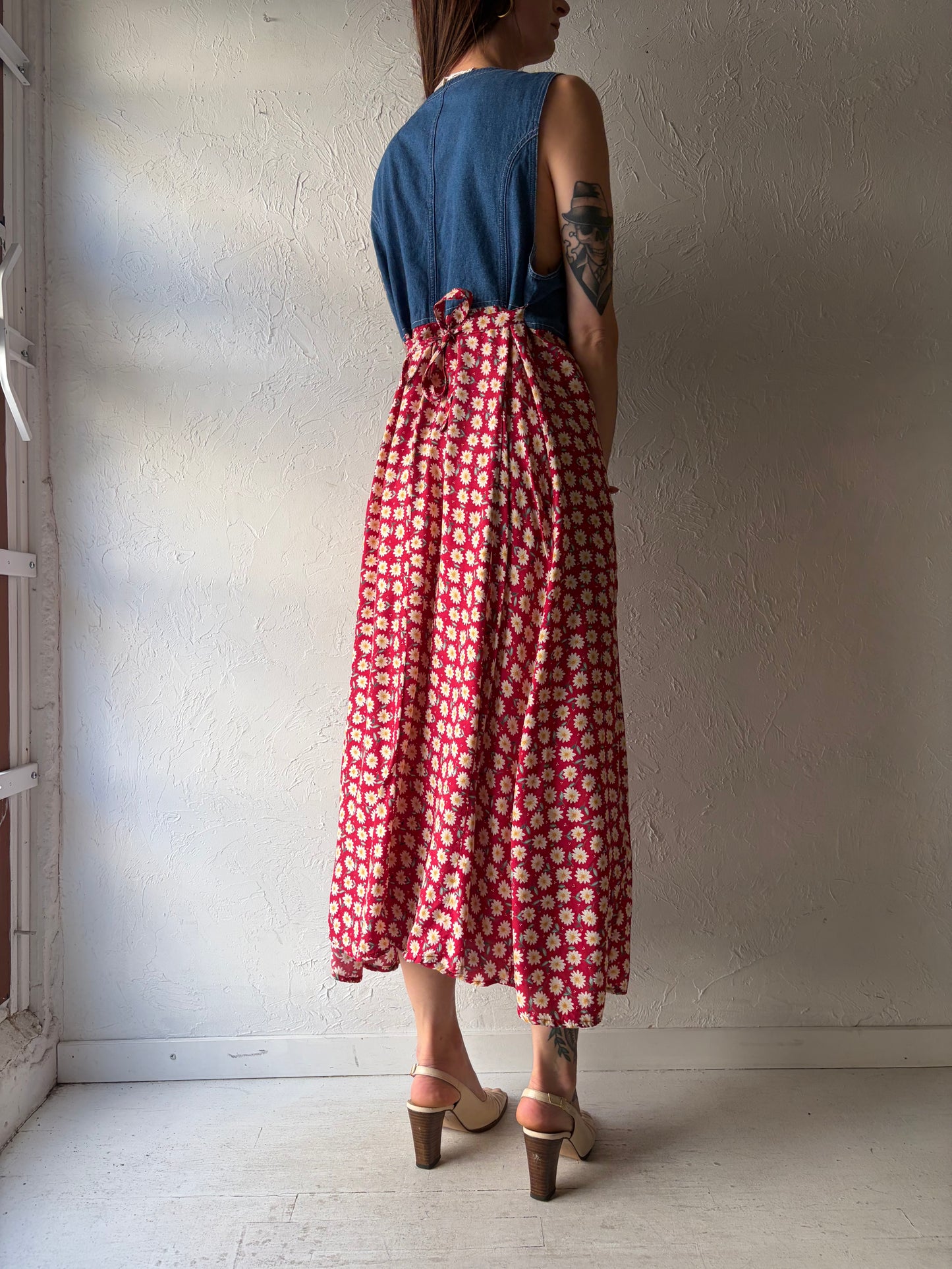 90s 'Erika' Floral Denim Western Midi Dress / Large