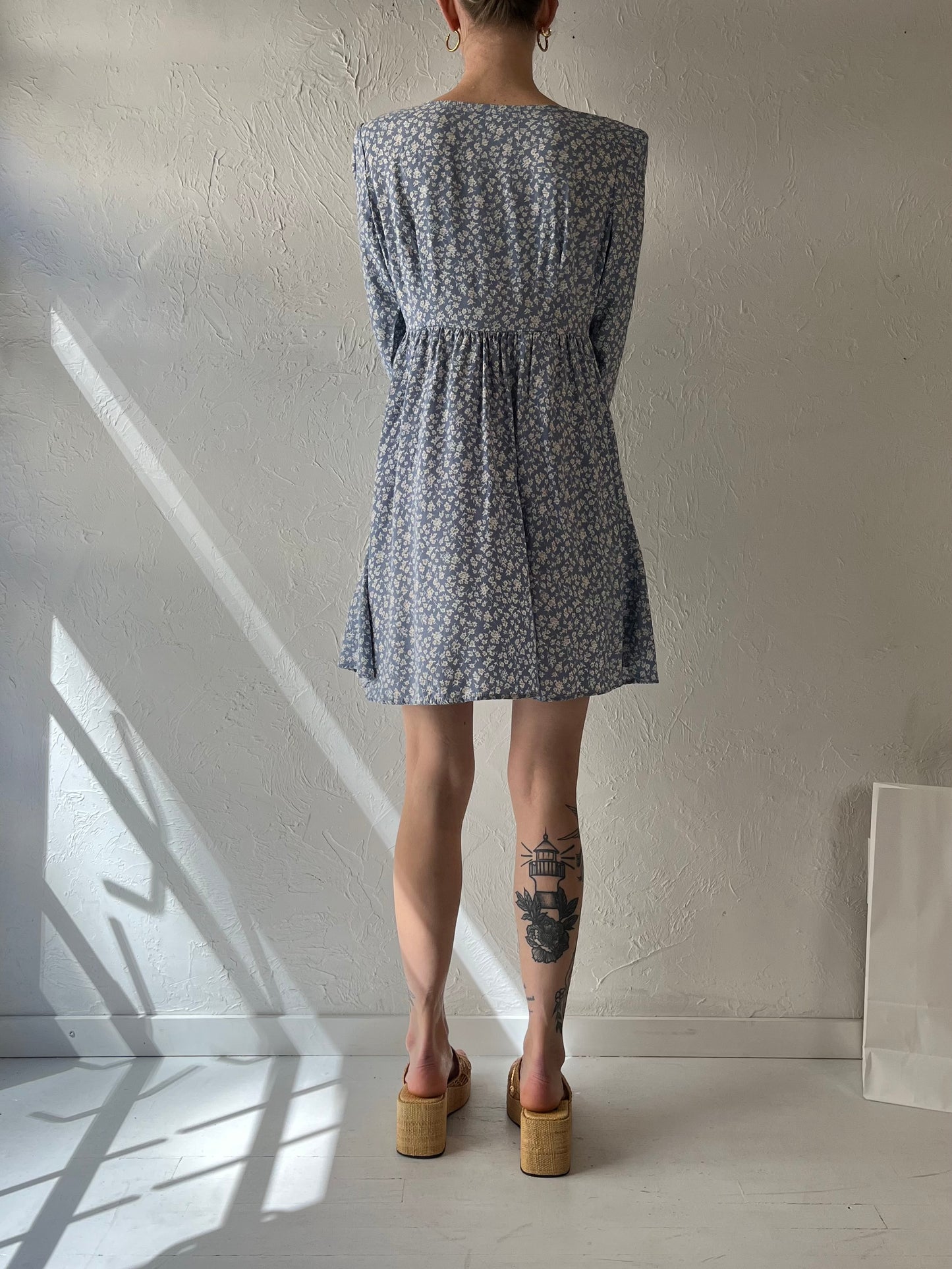 90s 'Designs' Blue Floral Print Rayon Mini Dress / Medium