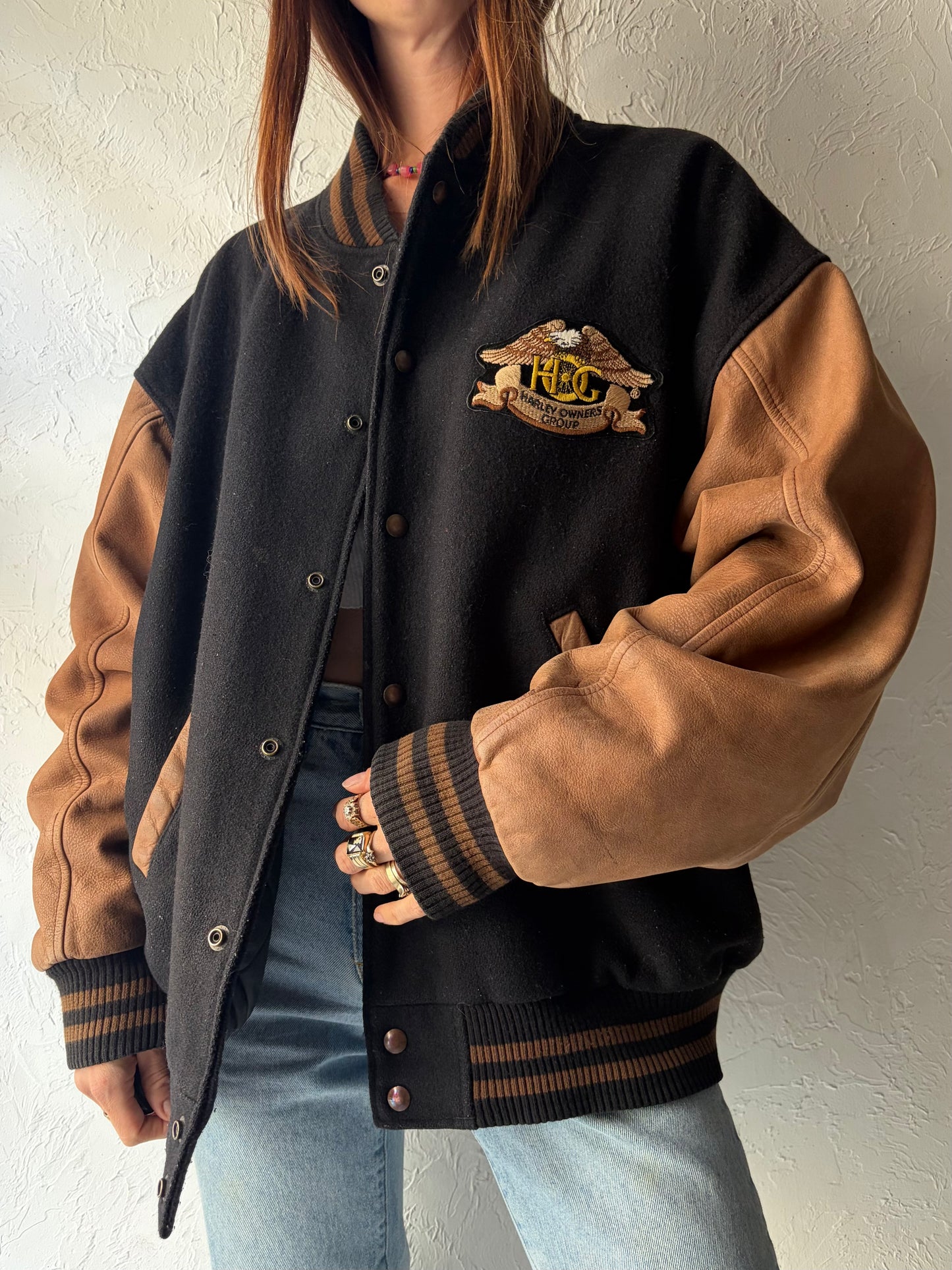 90s ‘Lamasz’ Black Harley Owners Group Varsity Style Bomber Jacket / Large