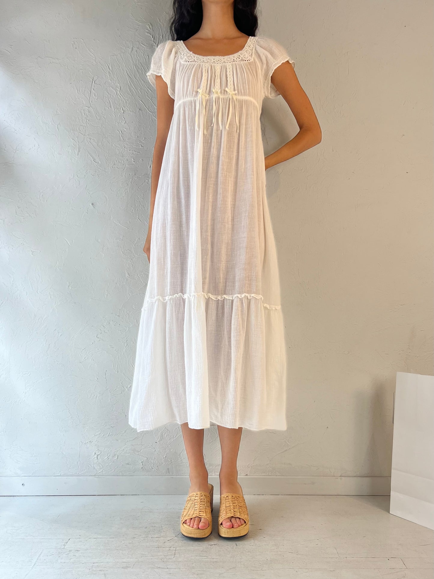 70s 'Juli' White Cotton Gauze Dress / Union Made / Small