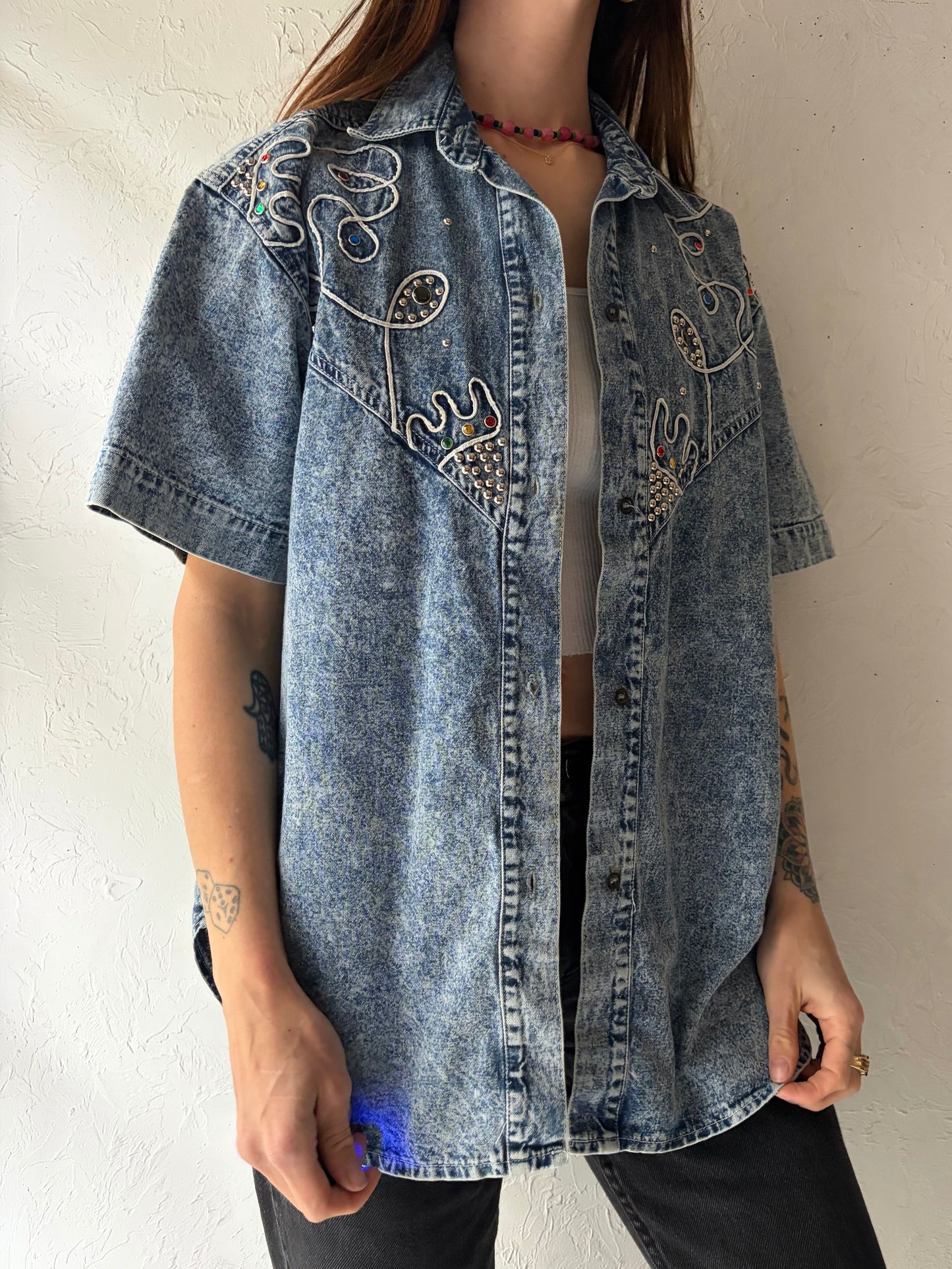 Vintage Retro Acid Wash Denim Short Sleeve Shirt / Medium