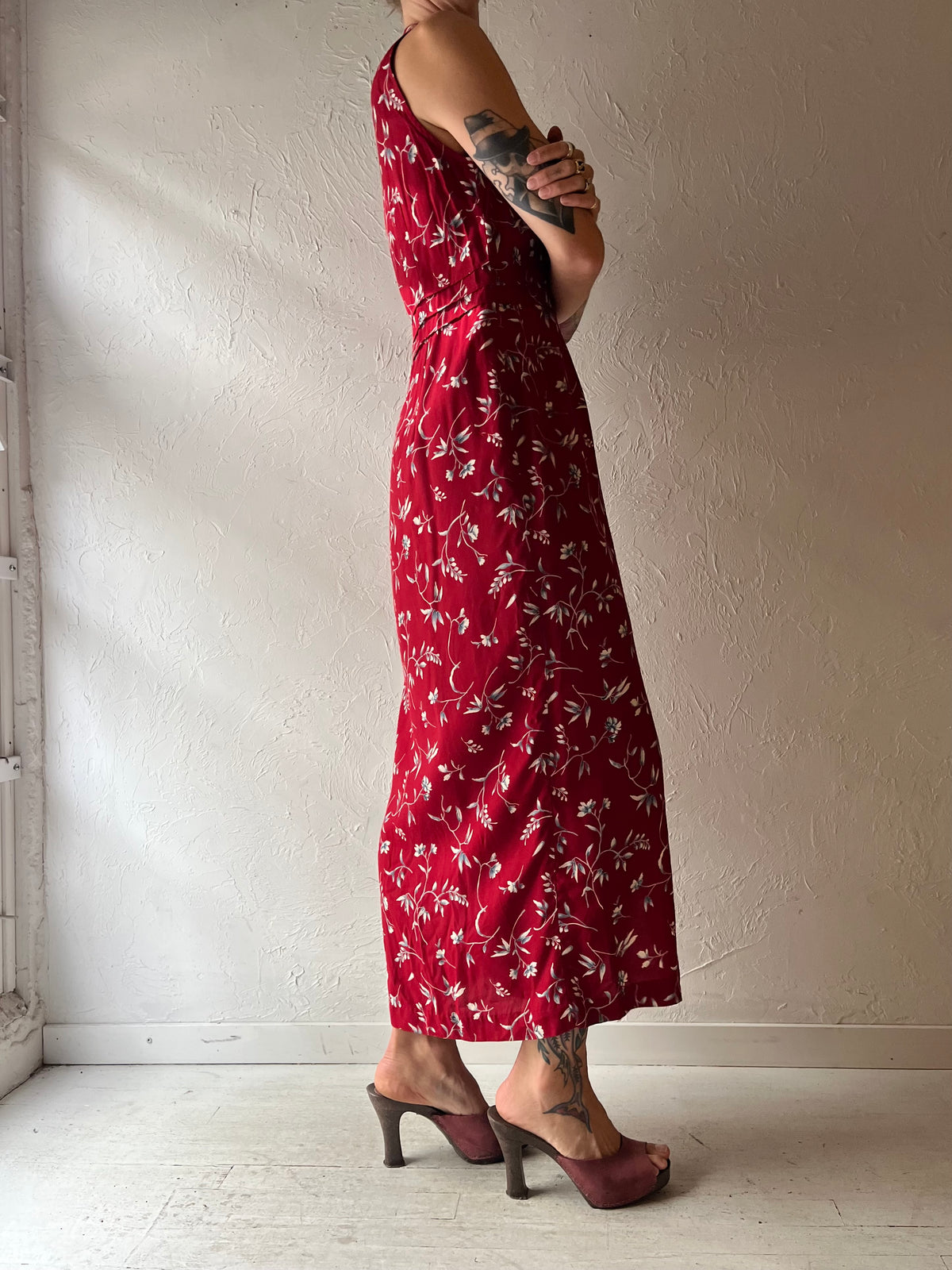 90s 'Robbie Bee' Red Floral Print Collared Maxi Dress / Small