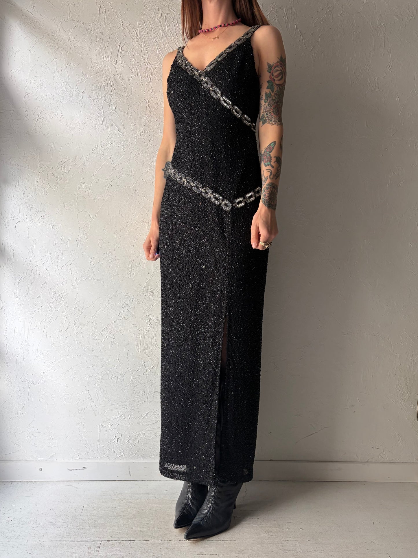 80s 'Scala' Black Beaded Retro Formal Party Maxi Dress / Medium