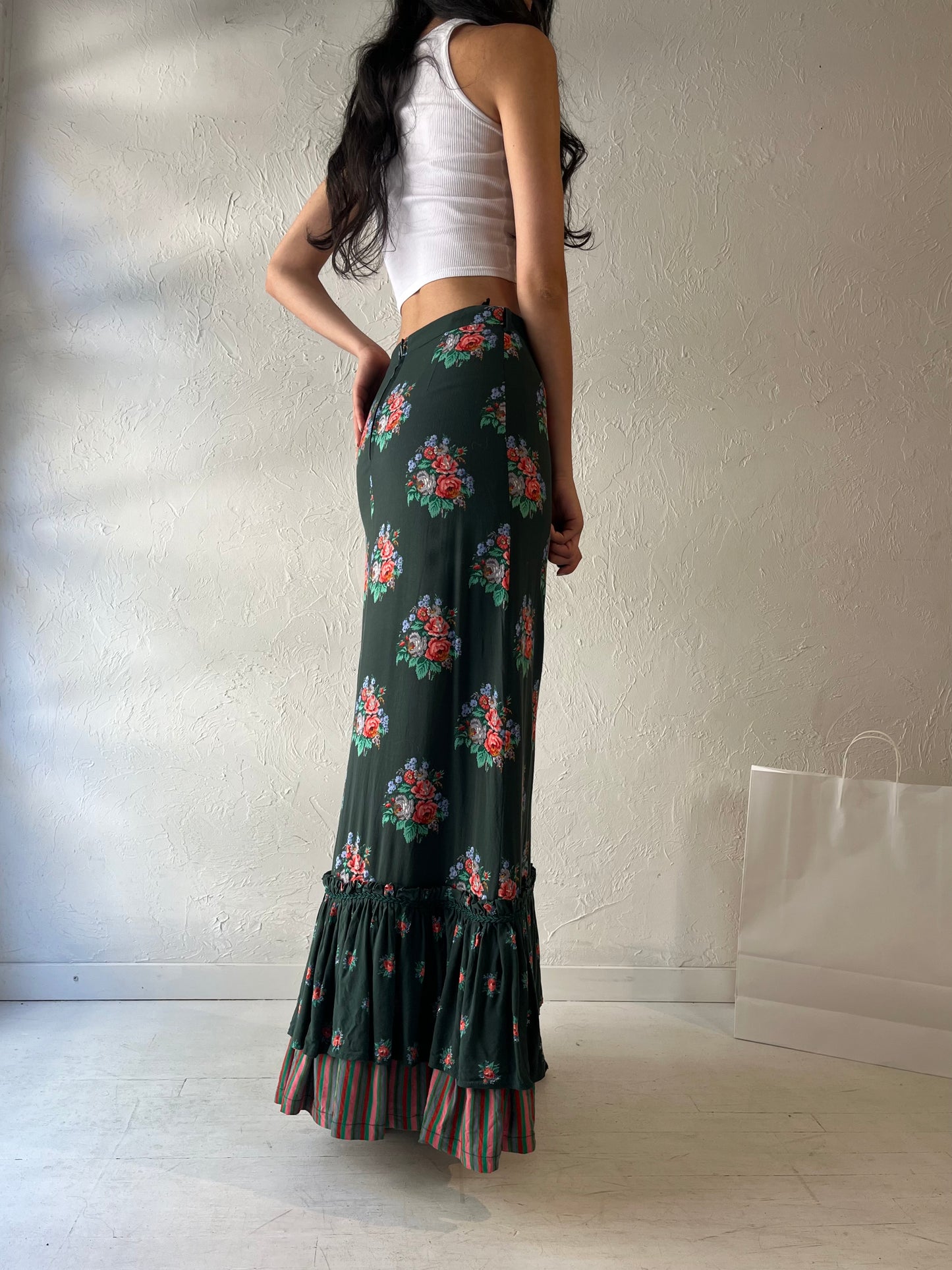 90s 'Ralph' Green Floral Maxi Skirt / Small