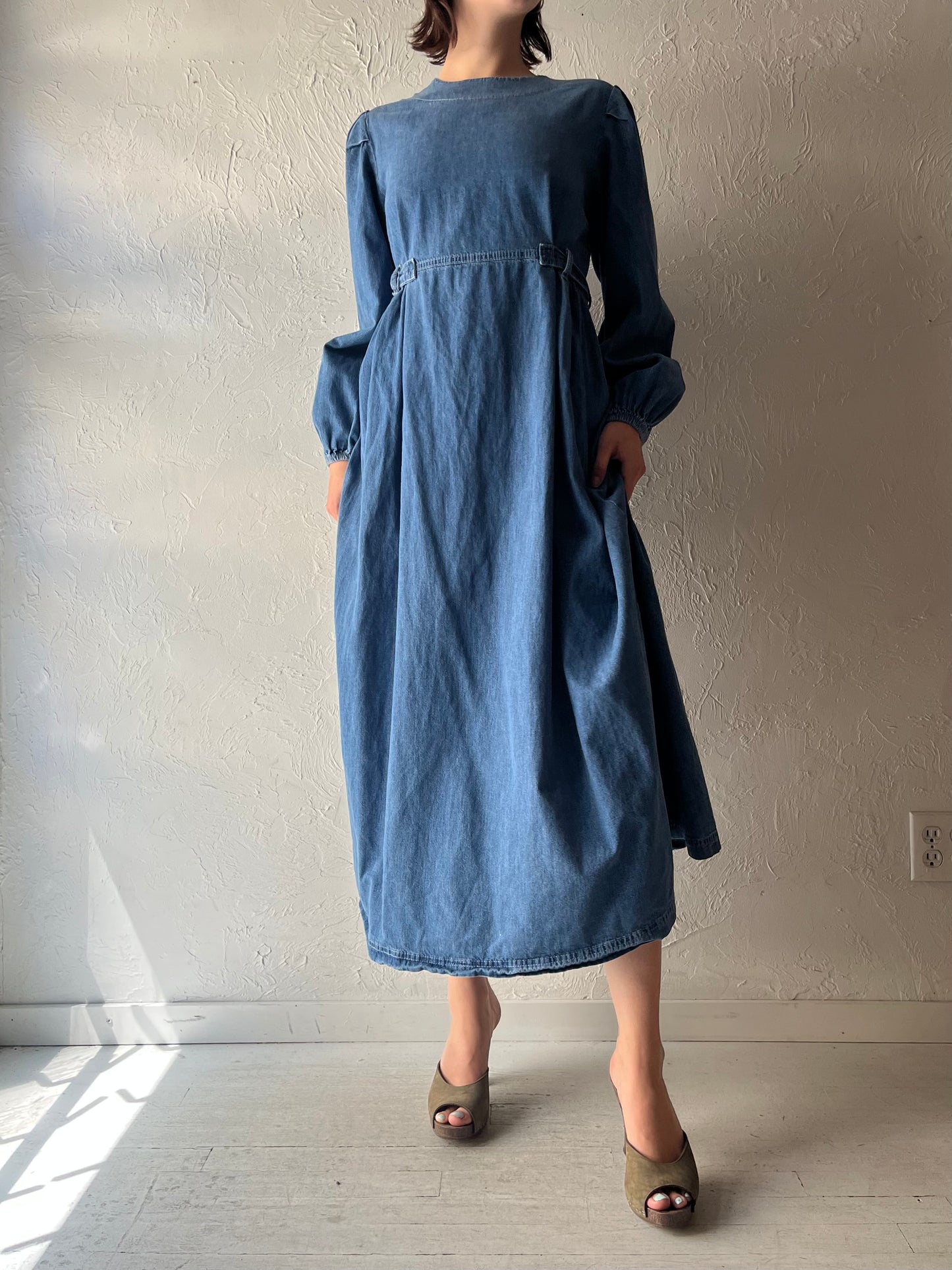 Y2k 'My Magazin' Denim Prairie Cottagecore Long Sleeve Maxi Dress / Vintage 2000s Western Cowgirl Dress