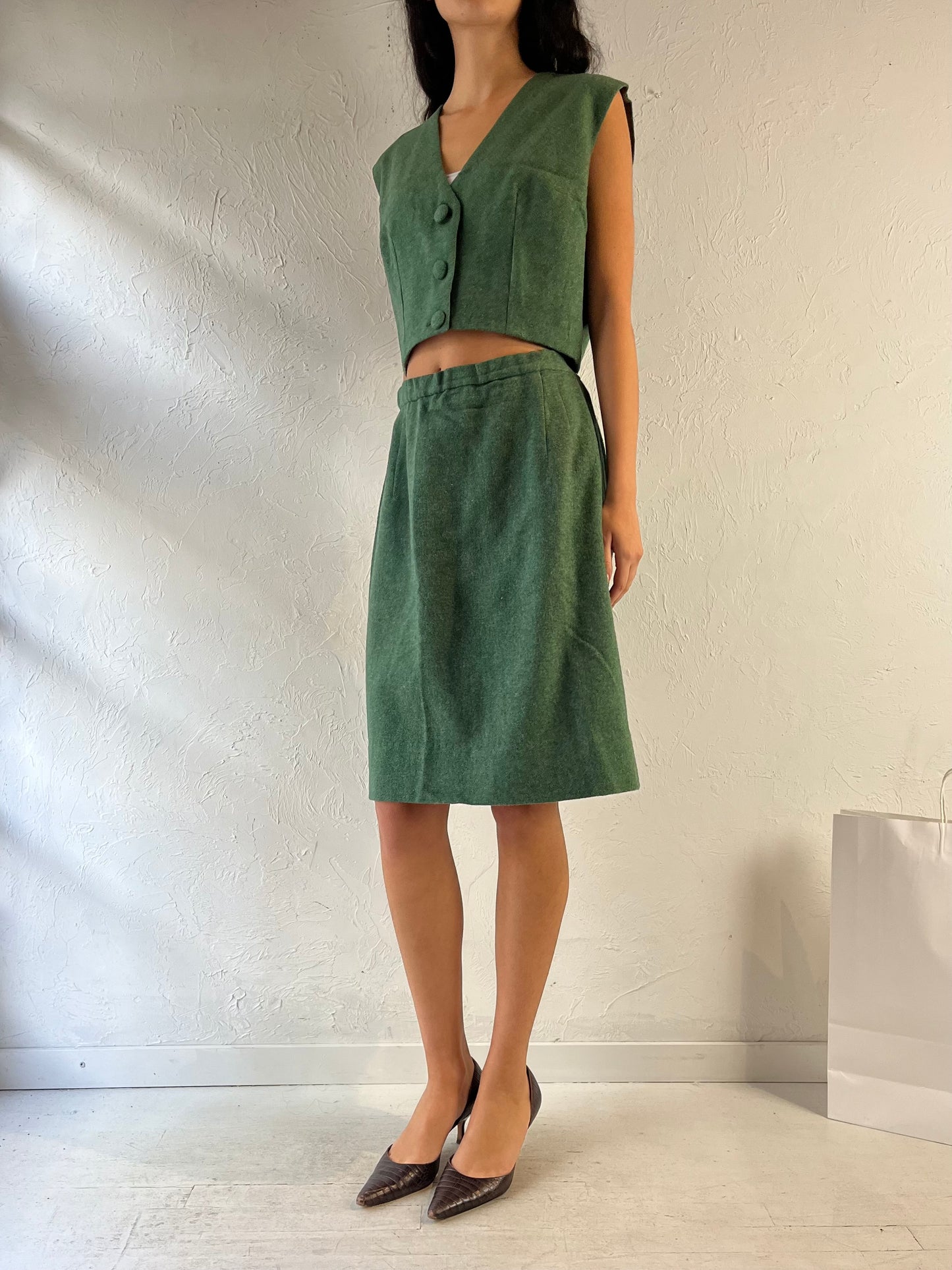 Vintage Handmade Green Wool Two Piece Set / Small