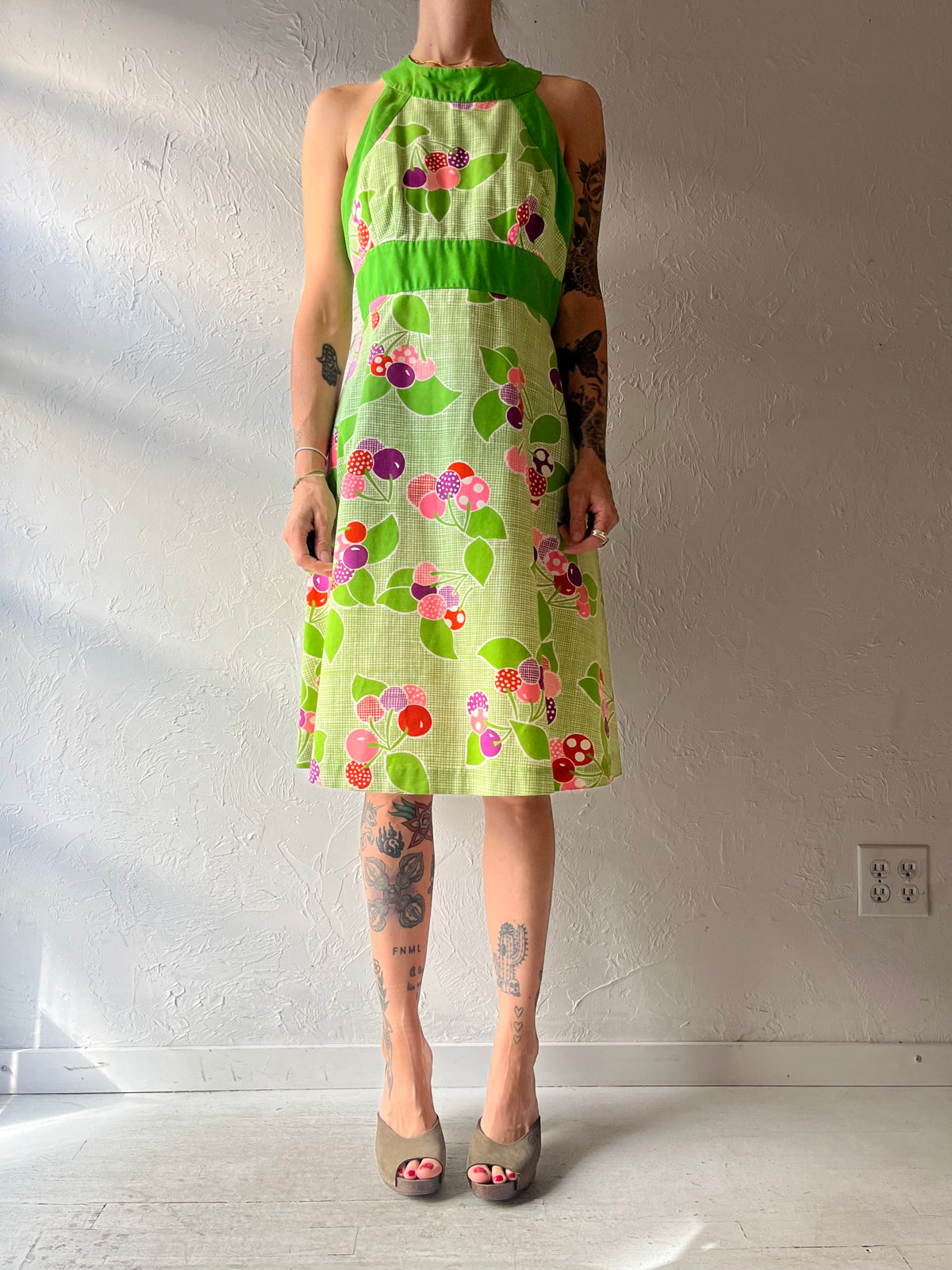 70s 'Malia' Green Open Back Retro Mini Dress / Medium