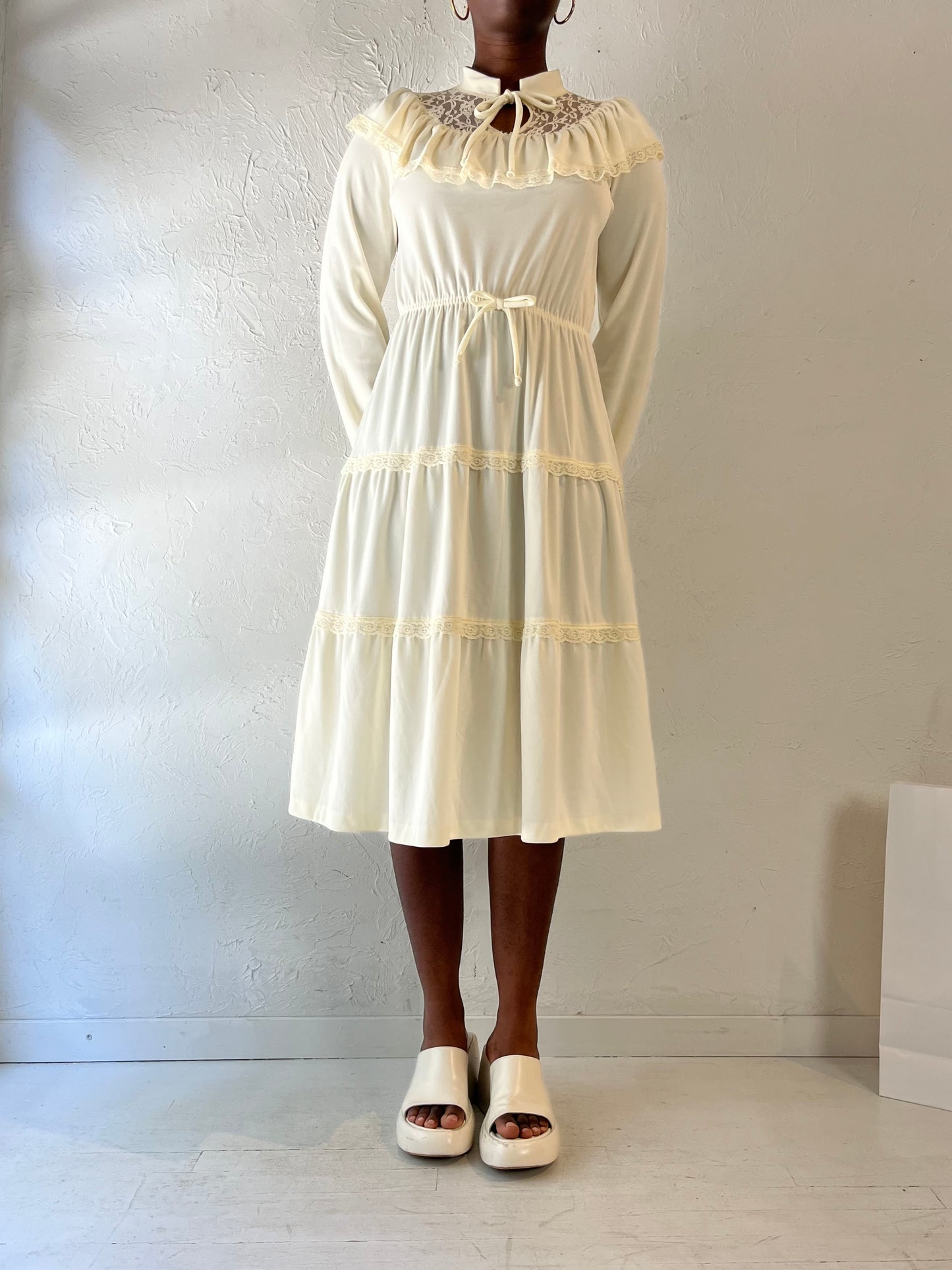 70s 'Montgomery Ward' Off White Peasant Dress / Small - Medium