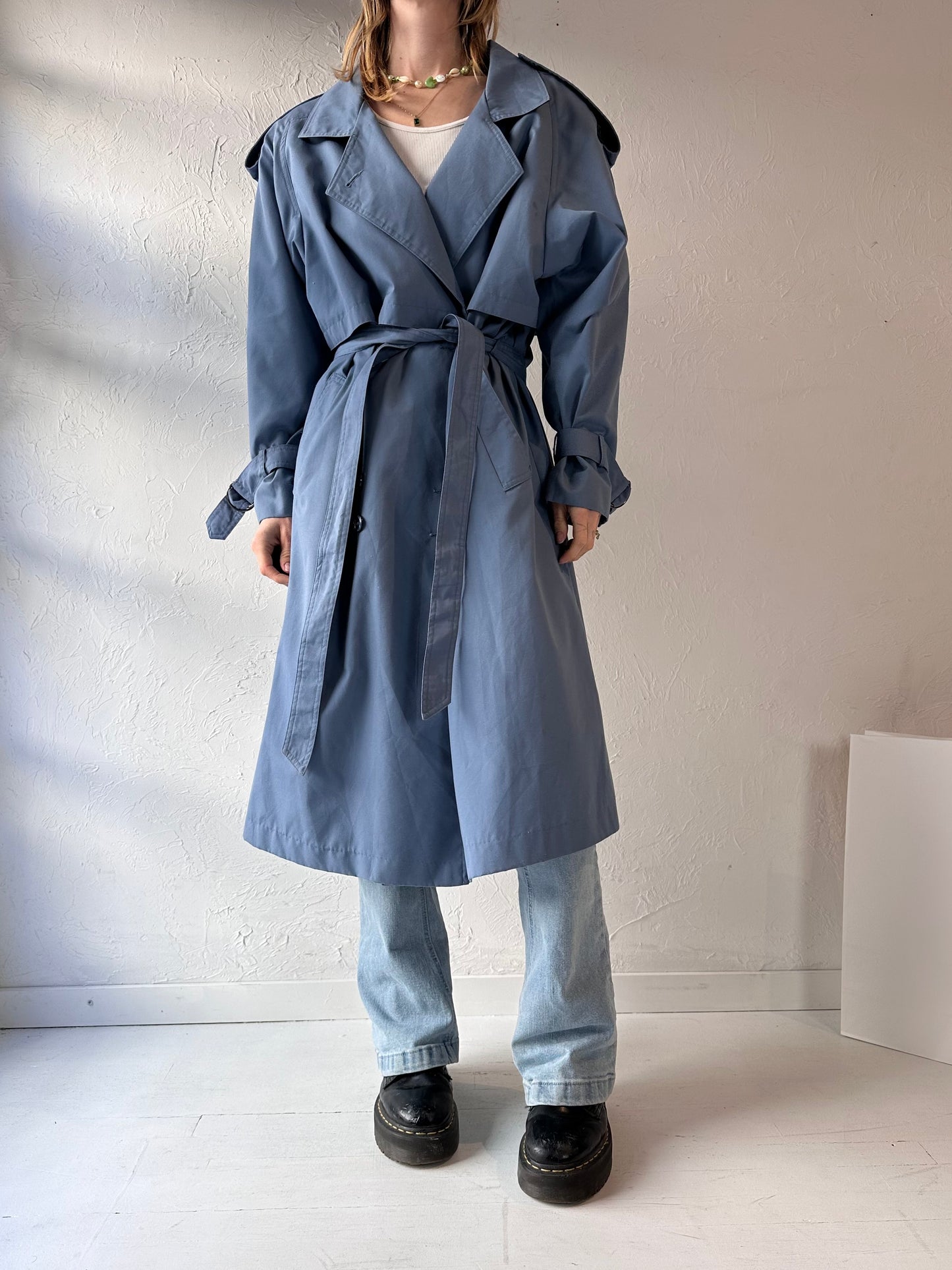 90s 'Collection Elegante' Blue Trench Coat / Large