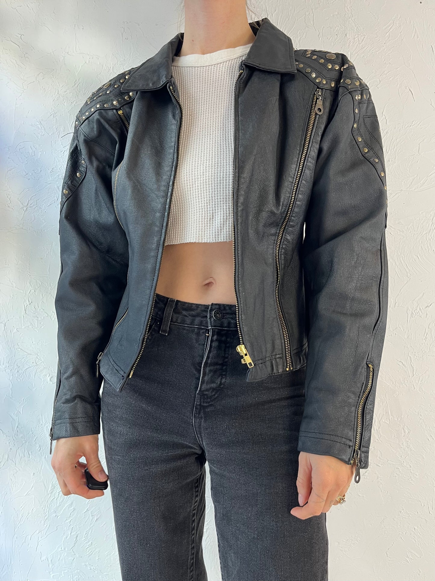 90s 'Boutique of Leathers' Black Studded Leather Jacket / Medium