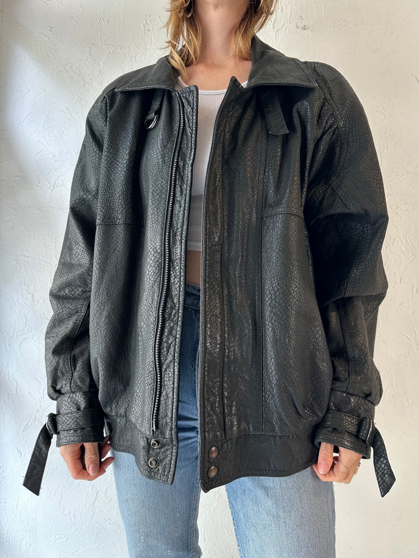 90s 'Boutique of Leathers' Black Snakeskin Bomber Jacket / Large