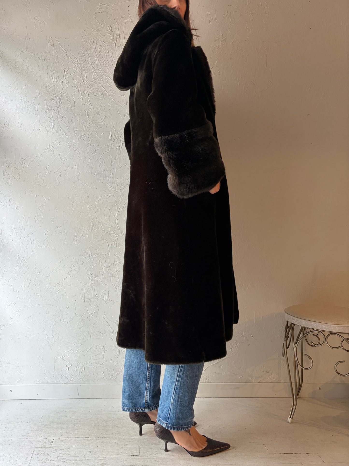Vintage Hooded Brown Faux fur Coat / Medium